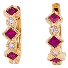 Petits anneaux à charnière en or jaune 14K, rubis et diamants, 0,50 carats Lv