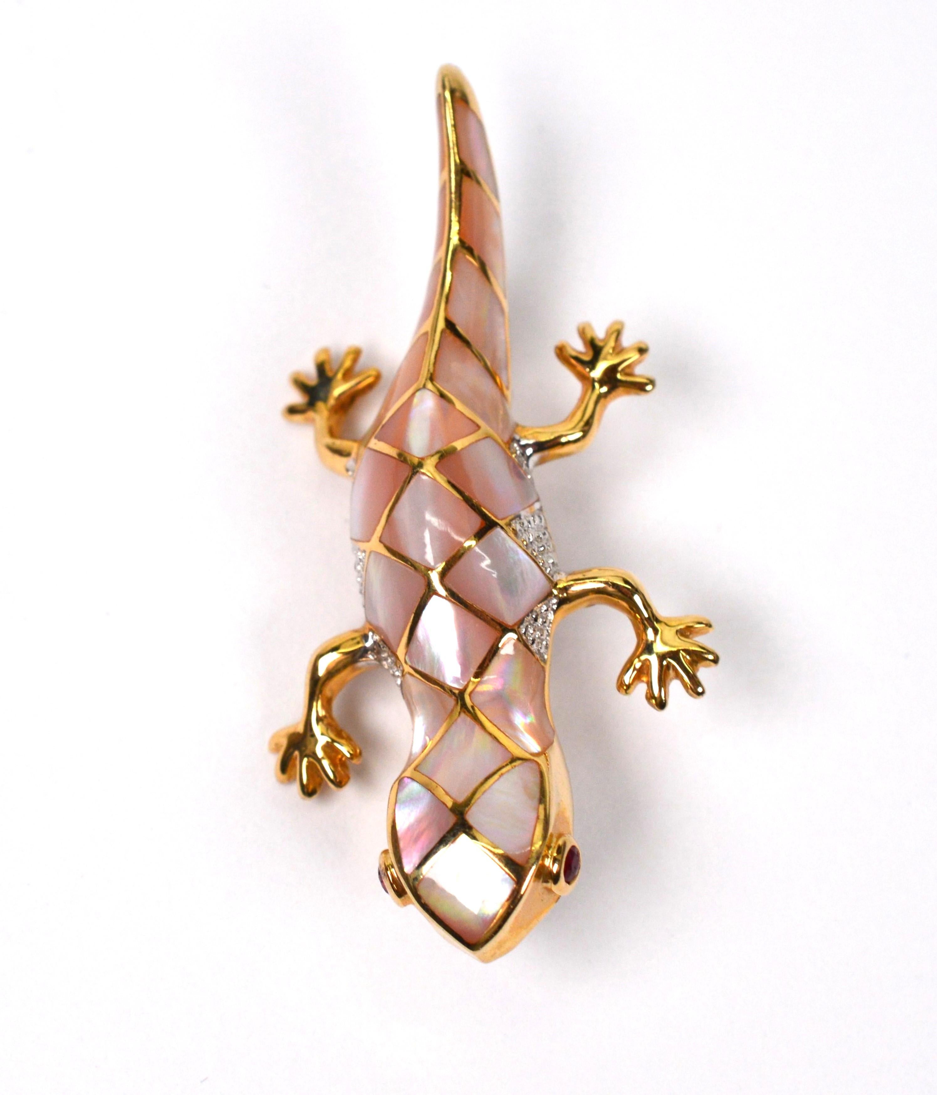 Women's Petite Salamander Mother of Pearl 14K Gold Pin Brooch 