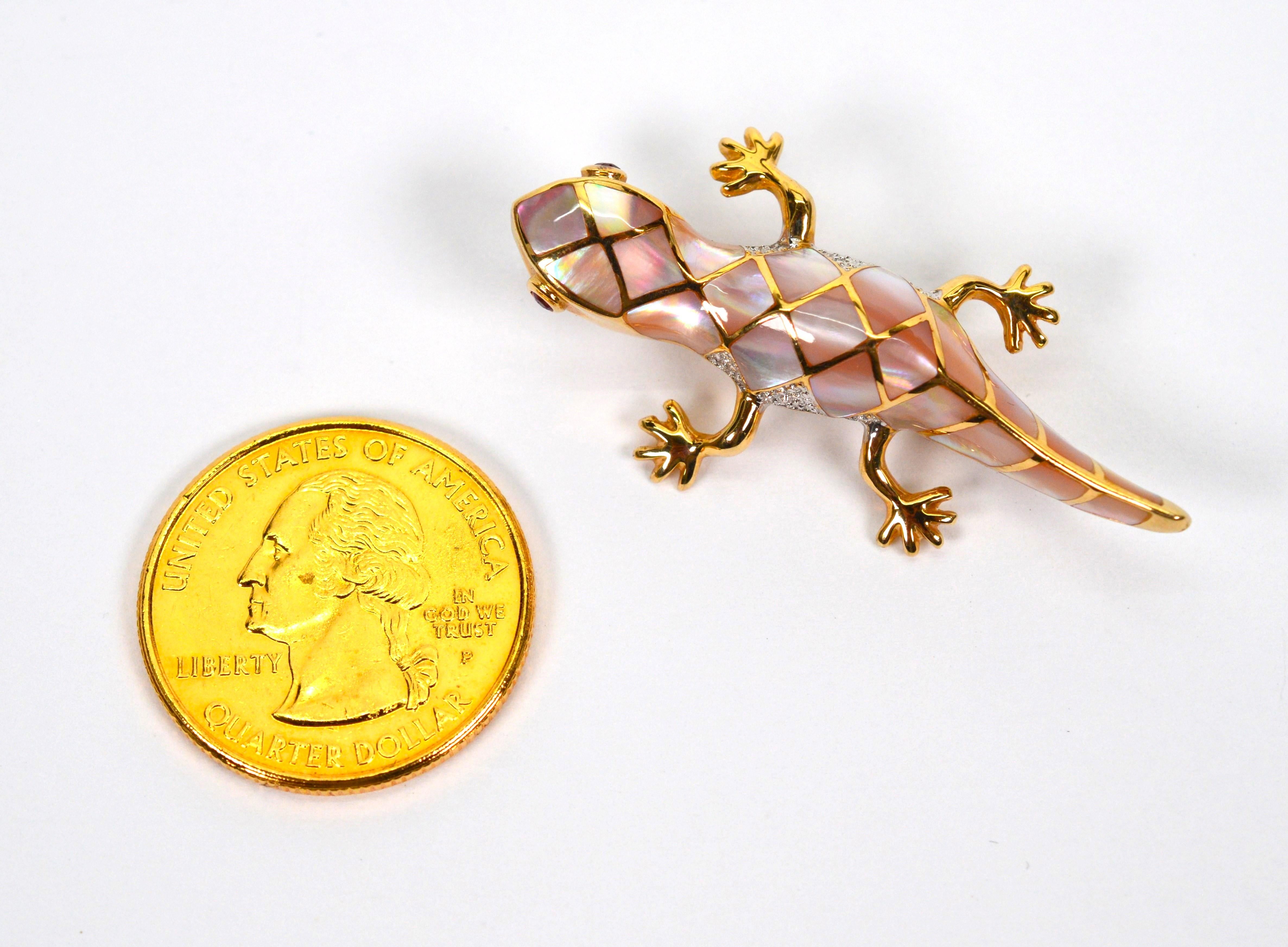 Petite Salamander Mother of Pearl 14K Gold Pin Brooch  1