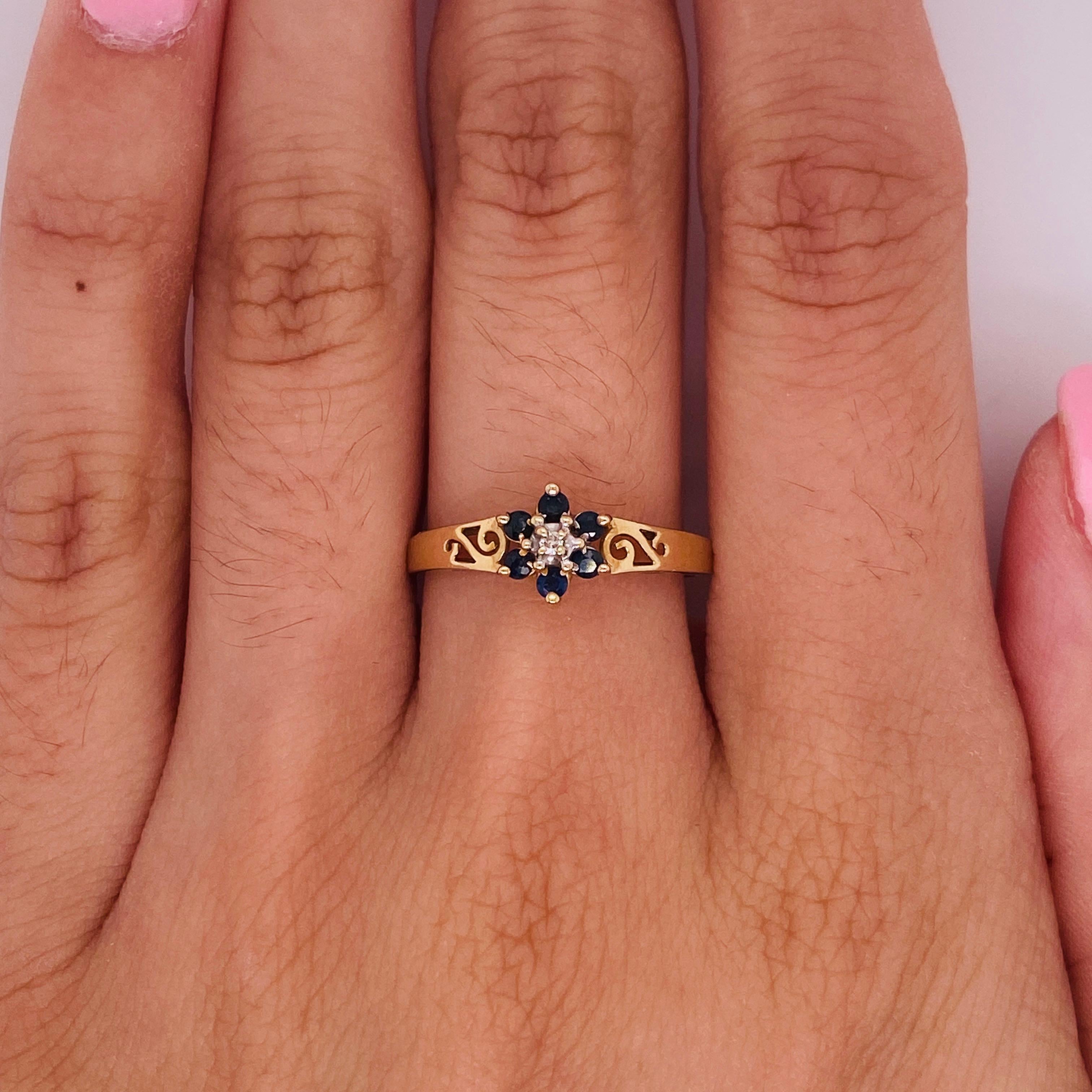 Celebrate a September loved one with this sapphire birthstone flower ring. This beauty is perfect for a graduation or push present! The petite flower formed by the gemstones is bright with richly contrasting deep blue sapphires around a bright white