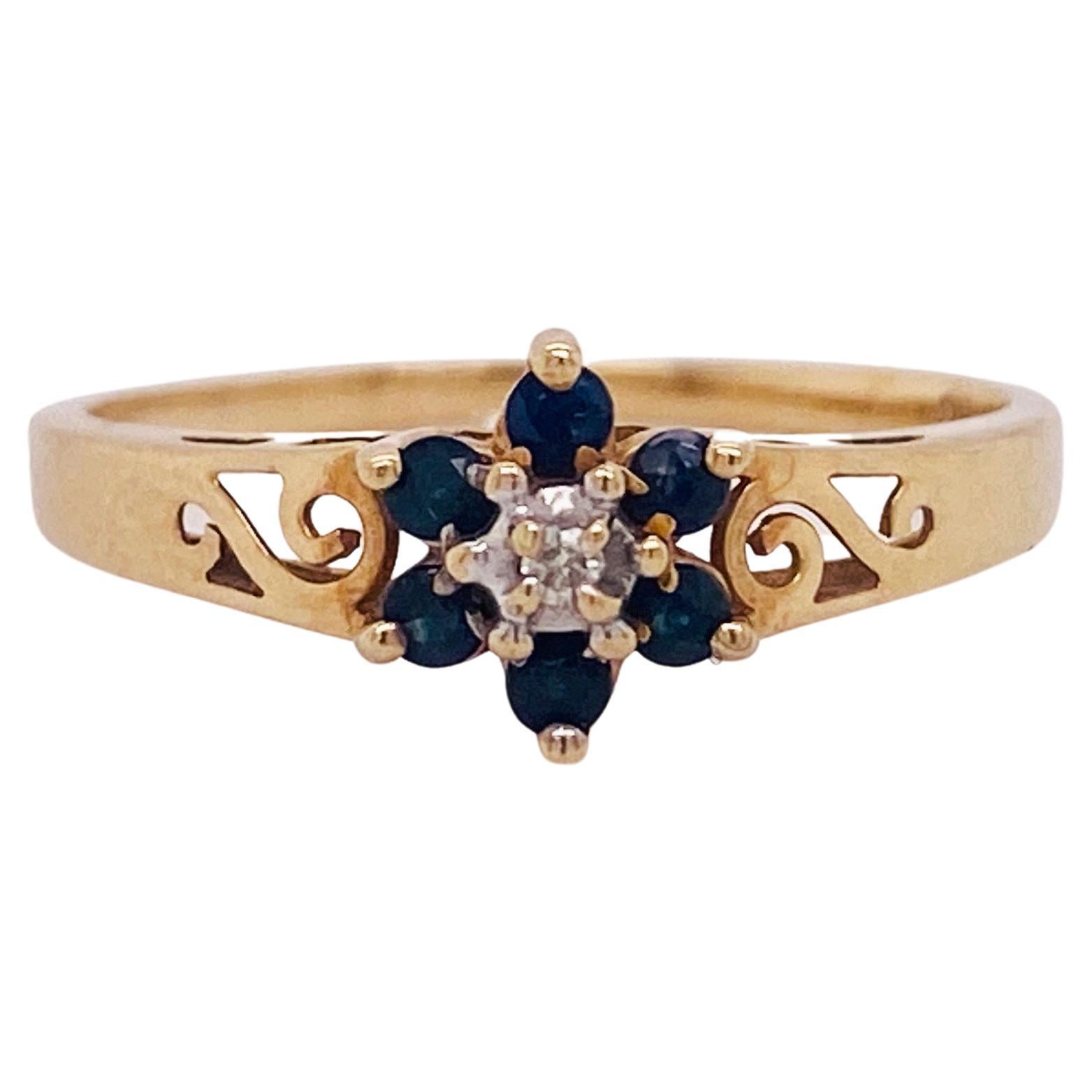 Petite Sapphire Flower Birthstone Ring with Diamond and Filigree, 10k Gold LV For Sale