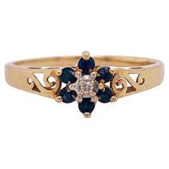 Petite Sapphire Flower Birthstone Ring with Diamond and Filigree, 10k Gold LV