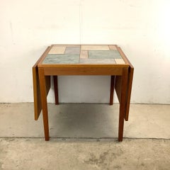 Petite Scandinavian Modern Teak & Stone Drop Leaf Dining Table