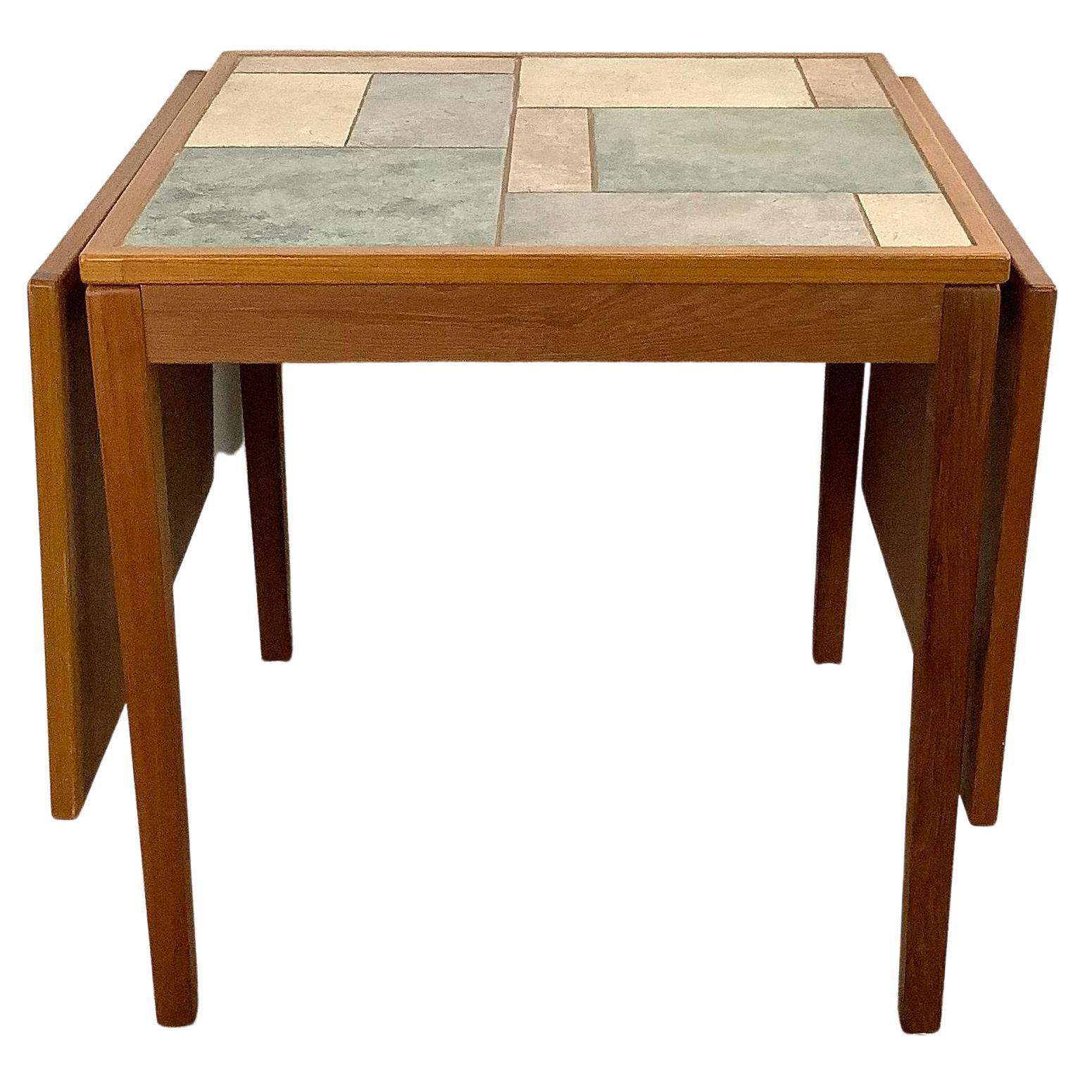 Petite Scandinavian Modern Teak & Stone Drop Leaf Dining Table