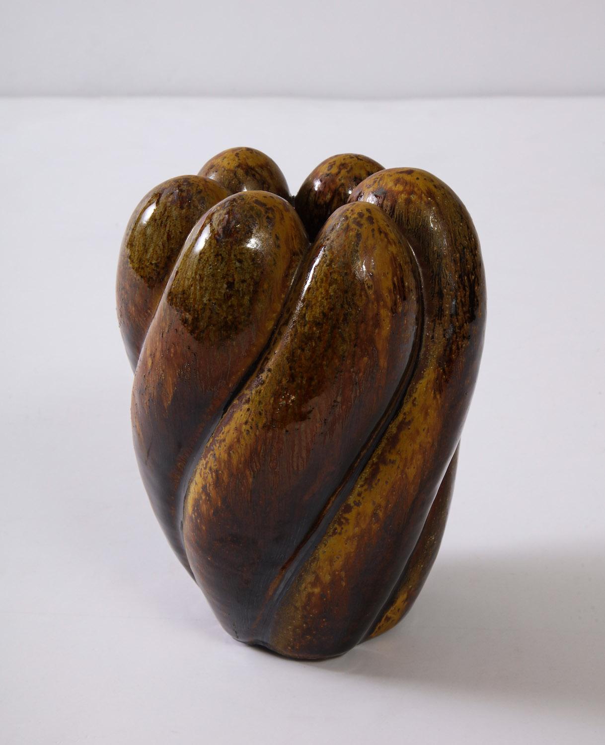 Petite Sculpture #3 by Rosanne Sniderman. Small stoneware sculpture with deep brown glazes. Wood fired and signed on underside.
  