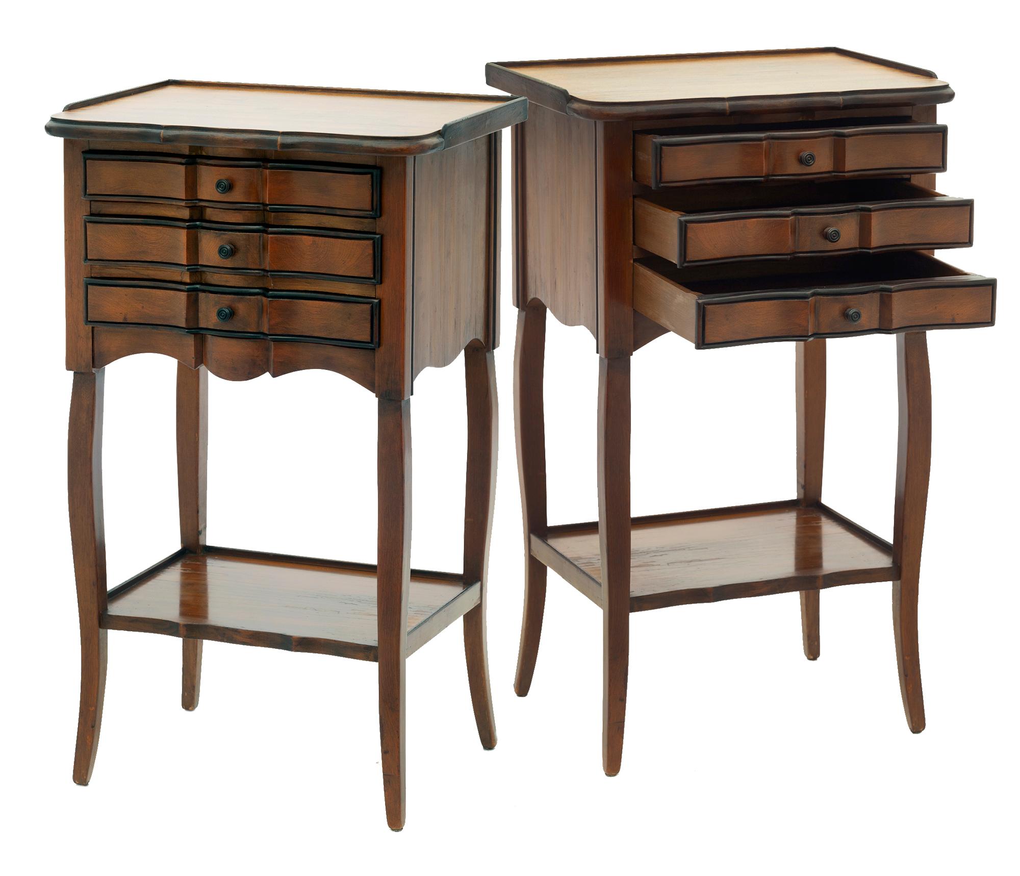 Charming petite commodes/nightstands featuring serpentine drawers with small wooden knobs. A raised edge surrounding the top on 3 sides. Both tables have a custom-made fitted glass top.
The table is supported on cabriole legs. The apron is scalloped
