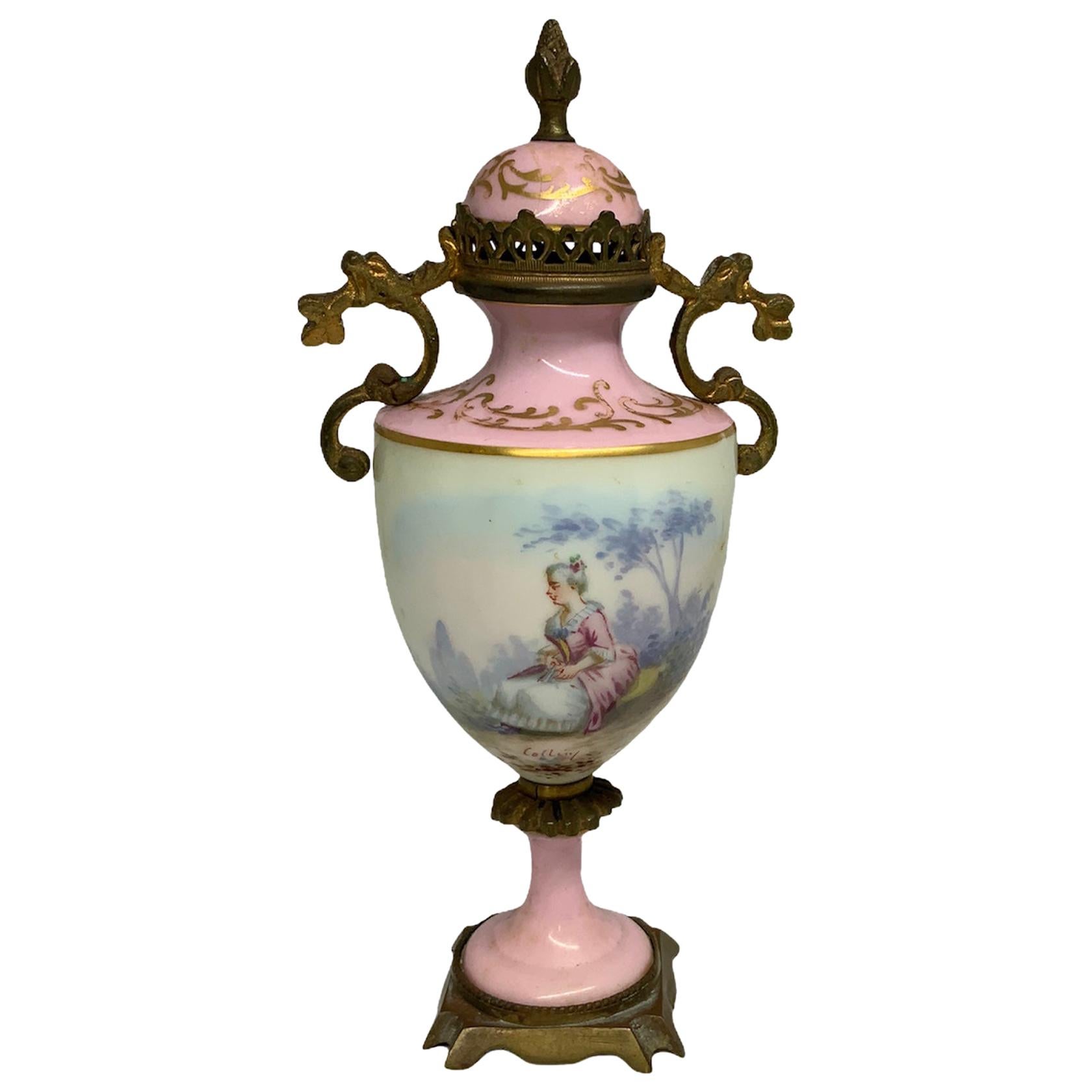 Petite Sevres Porcelain and Bronze Ormolu Mounted Urn Vase For Sale