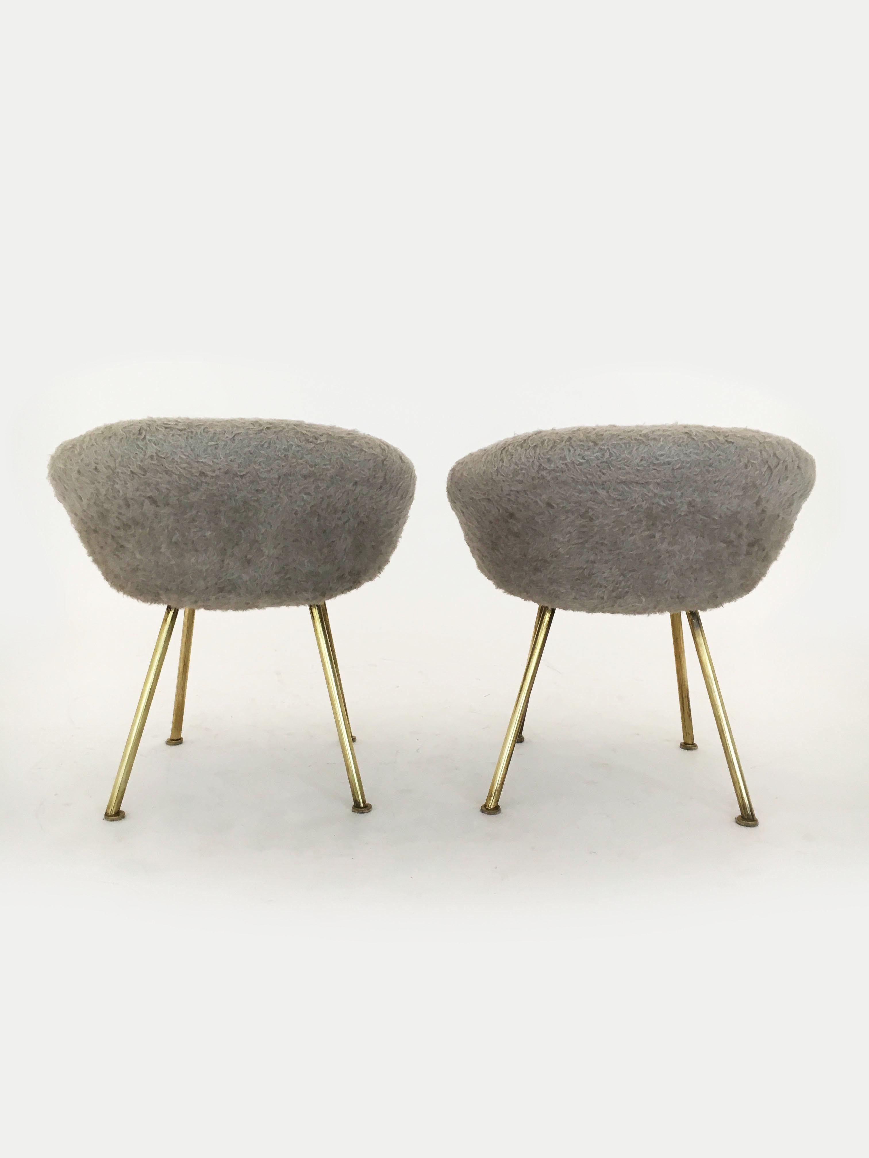 Upholstery Petite Sheepskin Fur Vanity Stools after Jean Royère, France 1950s