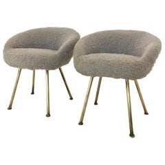Petite Sheepskin Fur Vanity Stools after Jean Royère, France 1950s