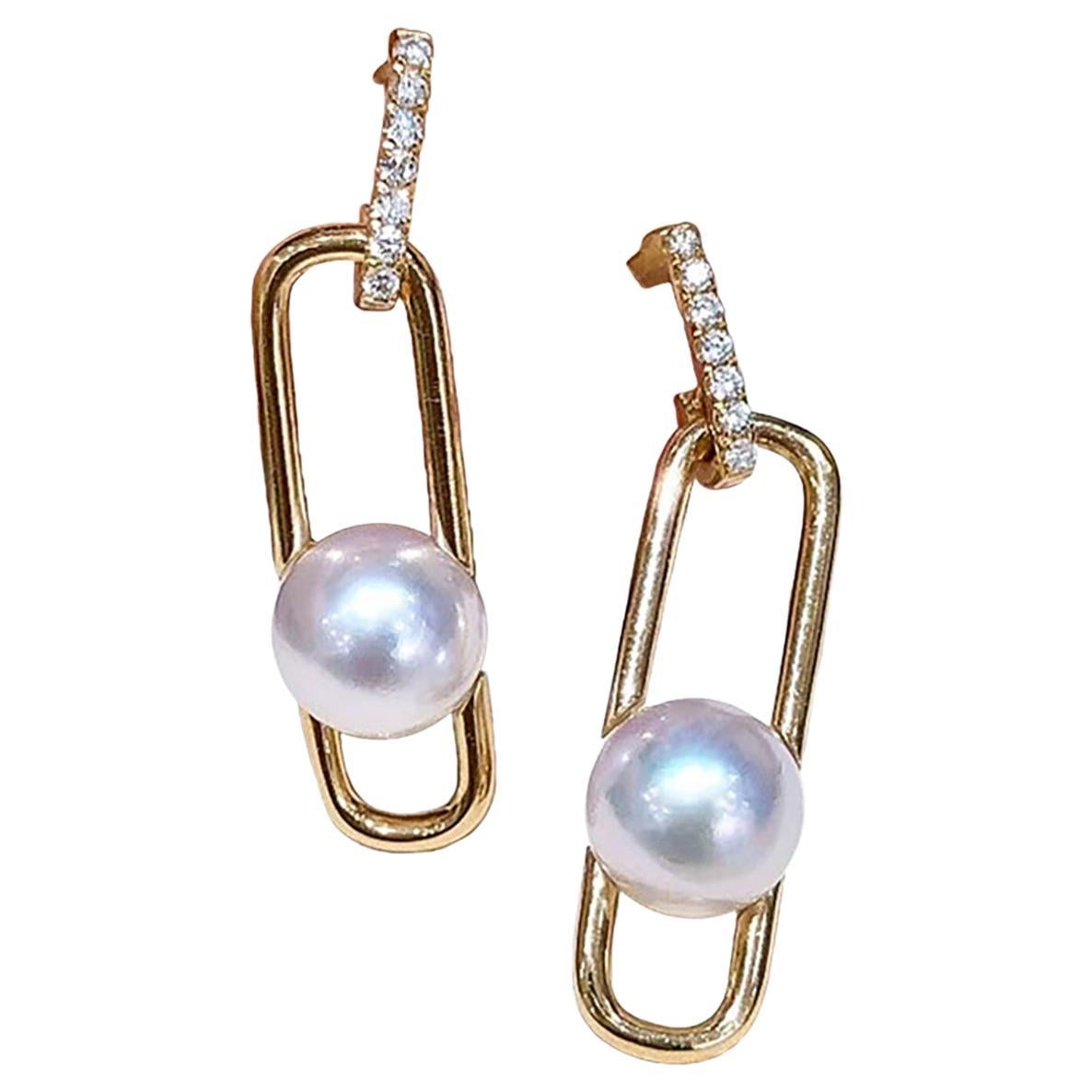 【Petite Signature】 Akoya Pearl and Diamond Paperclip Earrings