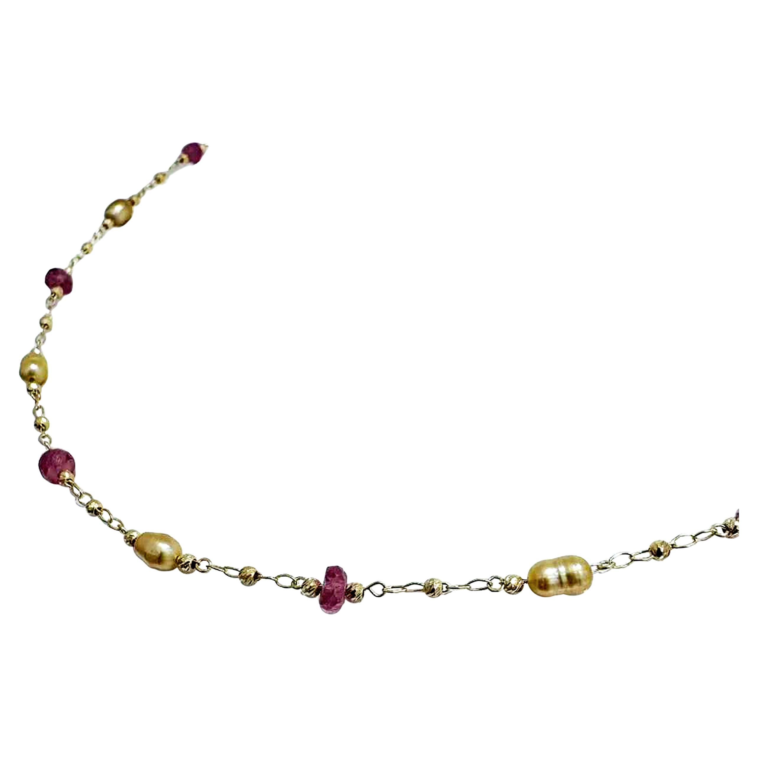 【Petite Signature】 Golden Keshi South Sea Pearl & Ruby Chain Necklace