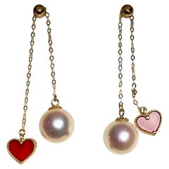 【Petite Signature】Adjustable Akoya Pearl and Coral Heart Earrings