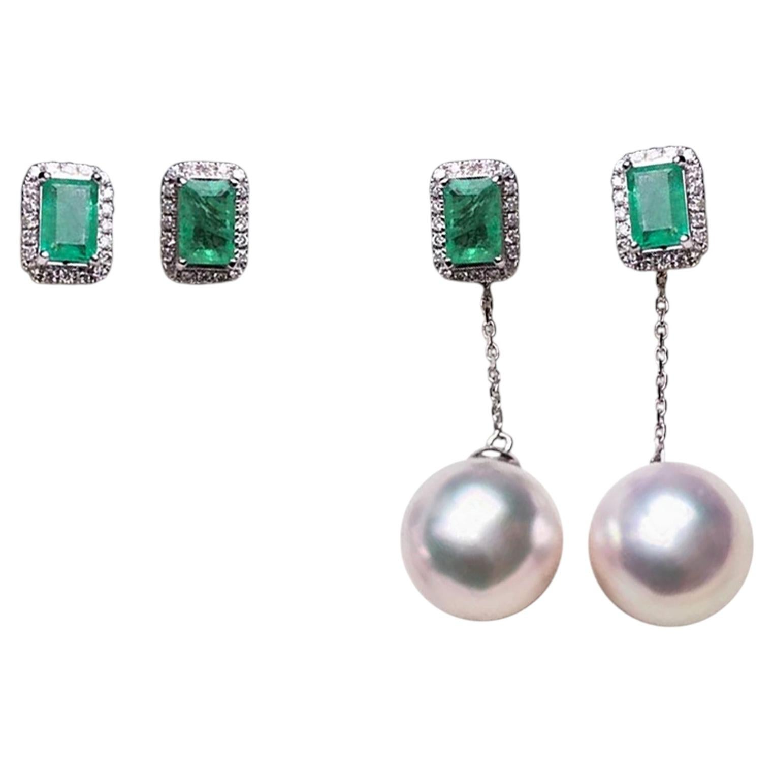 【Petite Signature】Convertible Emerald Akoya Pearl Drop Earrings
