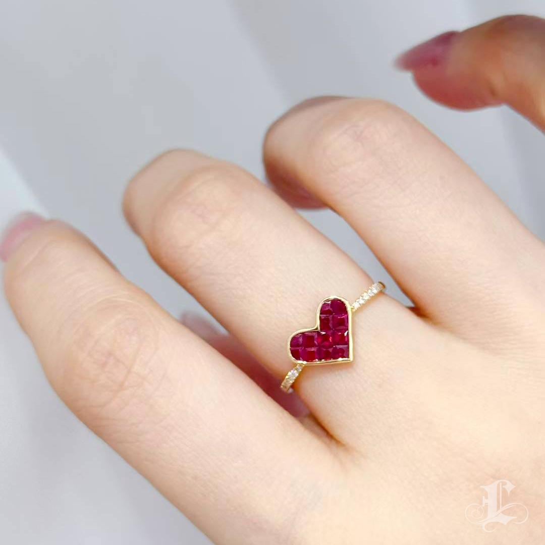 Princess Cut 【Petite Signature】Ruby Mosaic Heart Ring For Sale