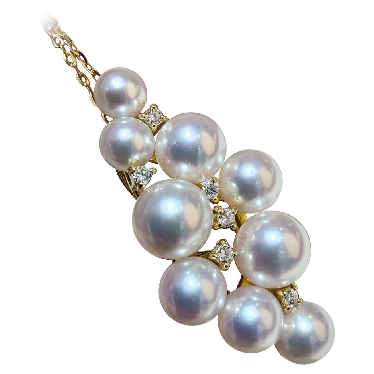 【Petite Signature】Aurora Akoya Pearl Diamond Cluster Pendant Necklace For Sale