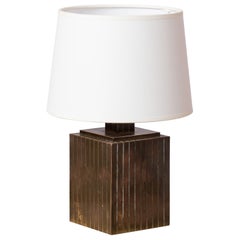 Petite Signed Slotted Patinated Brass Table Lamp - Italy 1970's