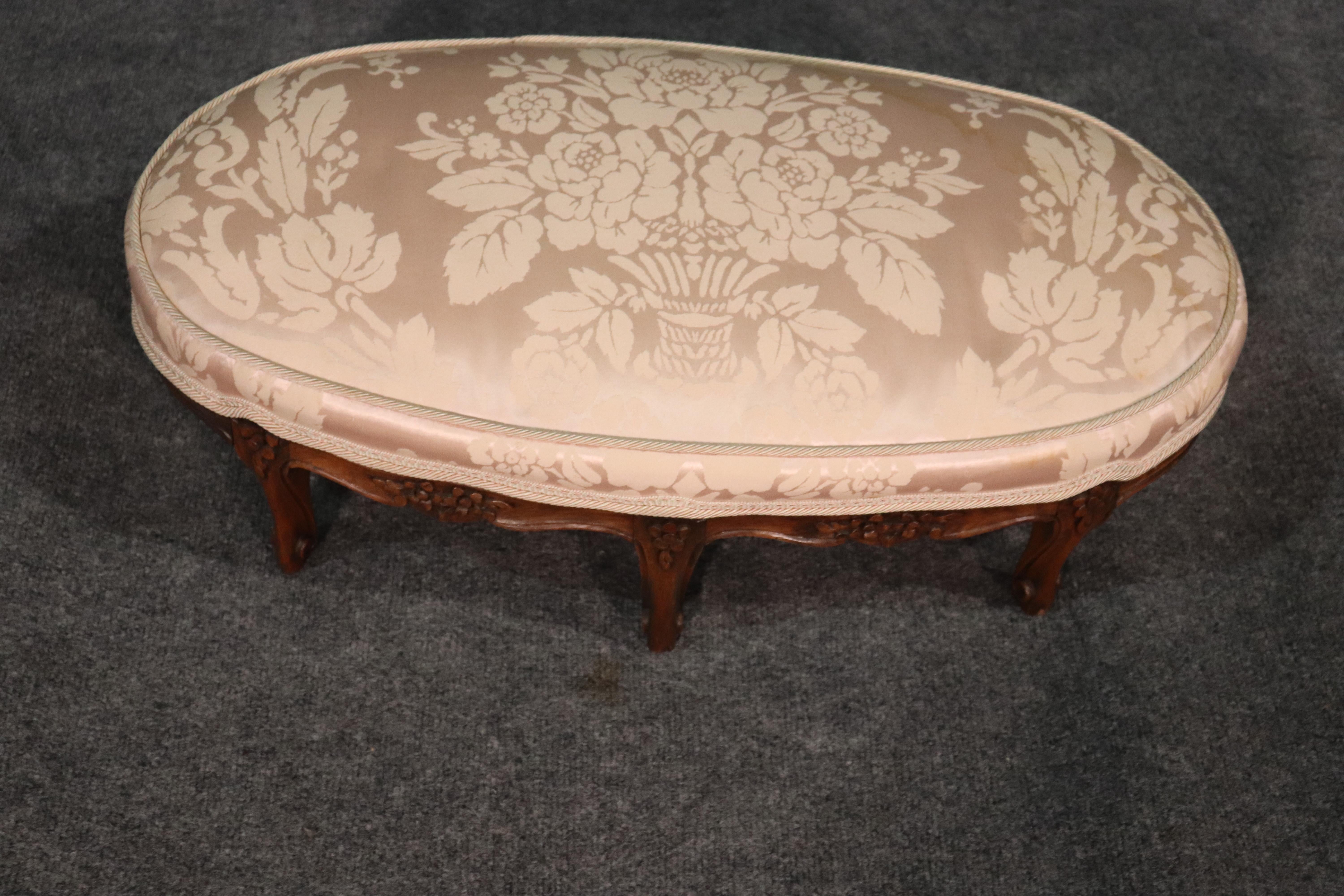 This is a fine quality 19th century French carved Louis XV stool. The stool measures only 26 wide x 14 wide x 8 inches tall. The fantastic silk upholstery is in a beautiful soft pink hue and does have a visible stain. The frame is in very good