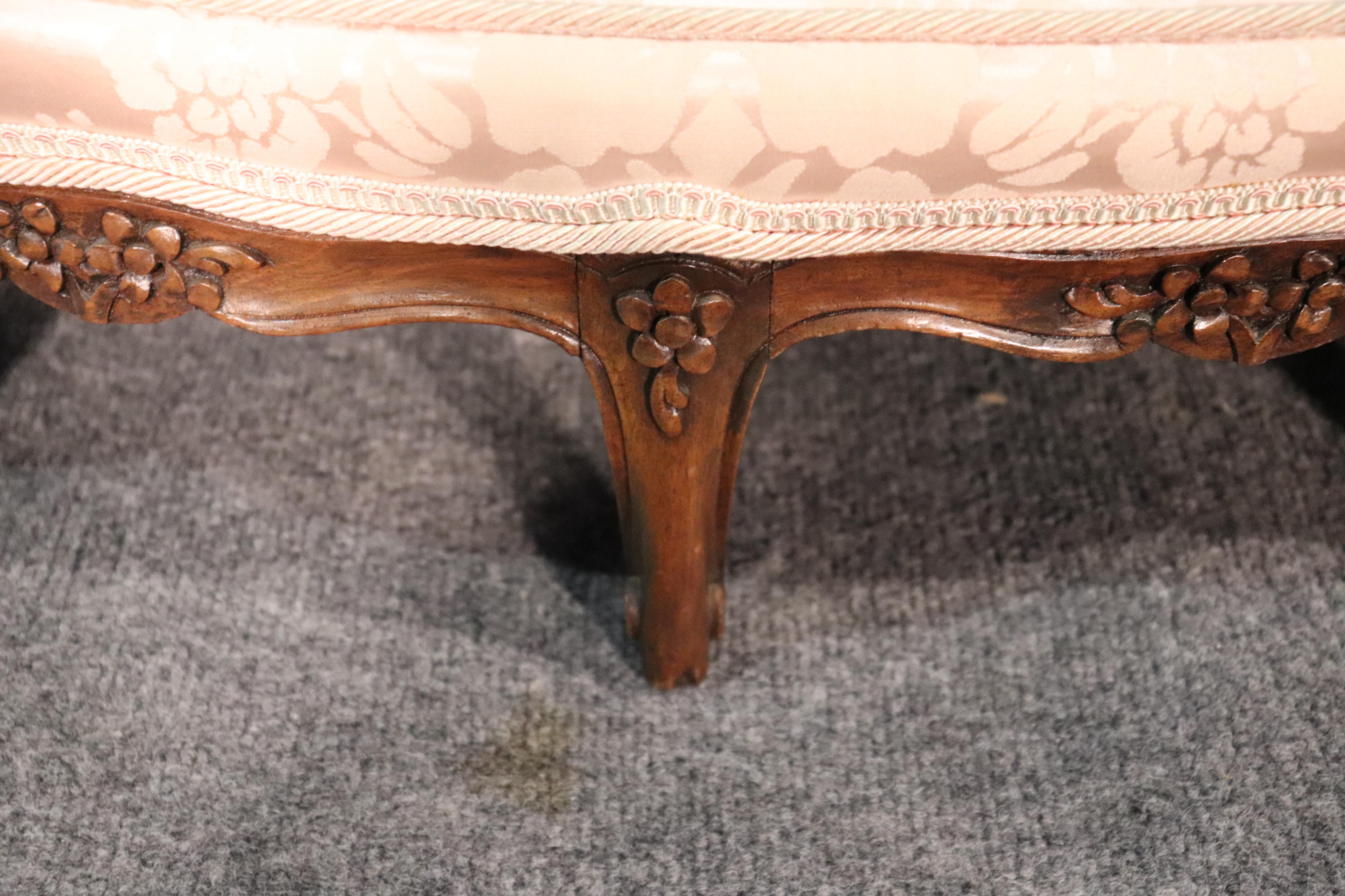 Late 19th Century Petite Silk Upholstered French Louis XV 6 Legged Carved Walnut Ottoman Stool
