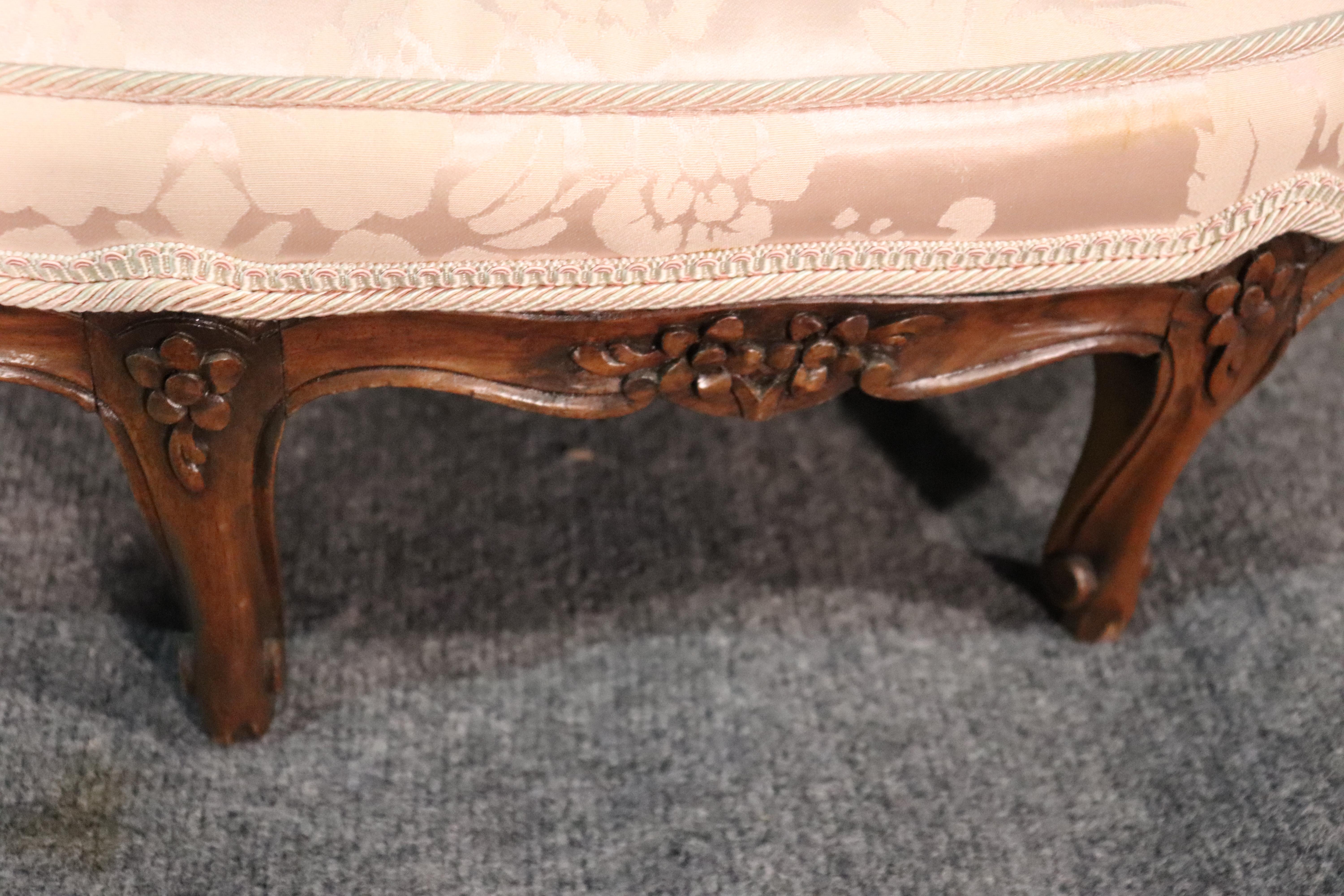Petite Silk Upholstered French Louis XV 6 Legged Carved Walnut Ottoman Stool 1