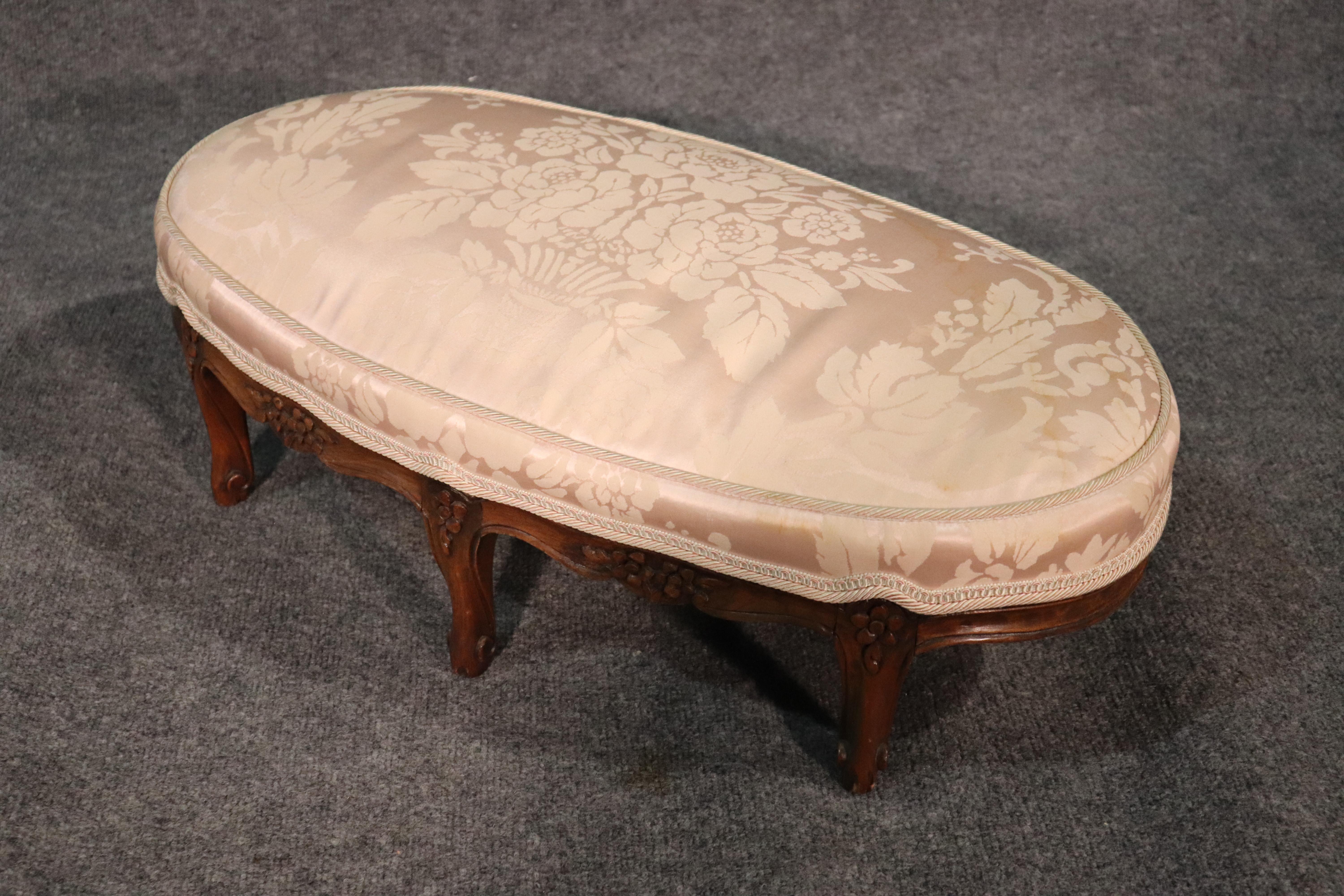 Petite Silk Upholstered French Louis XV 6 Legged Carved Walnut Ottoman Stool 2