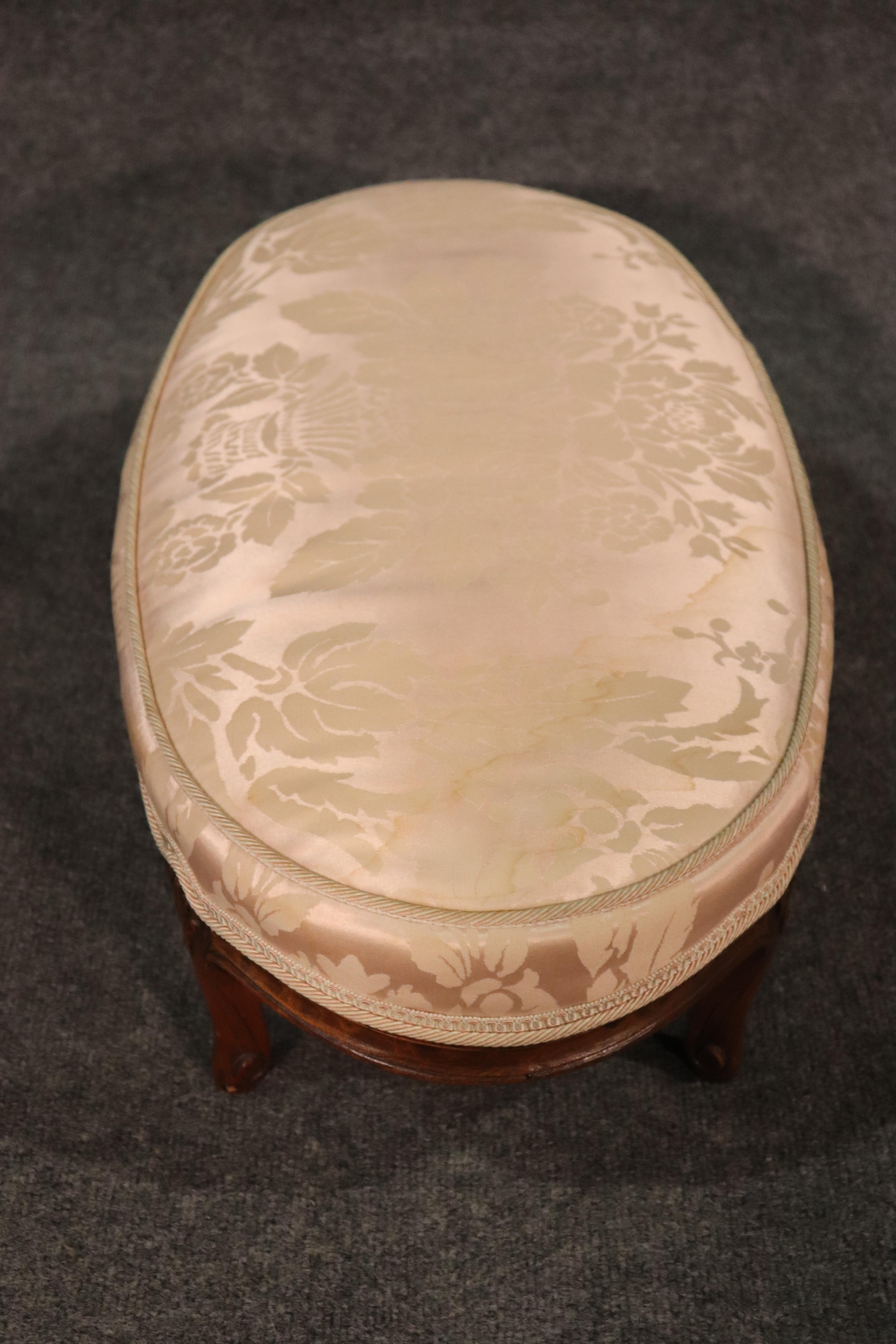 Petite Silk Upholstered French Louis XV 6 Legged Carved Walnut Ottoman Stool 3