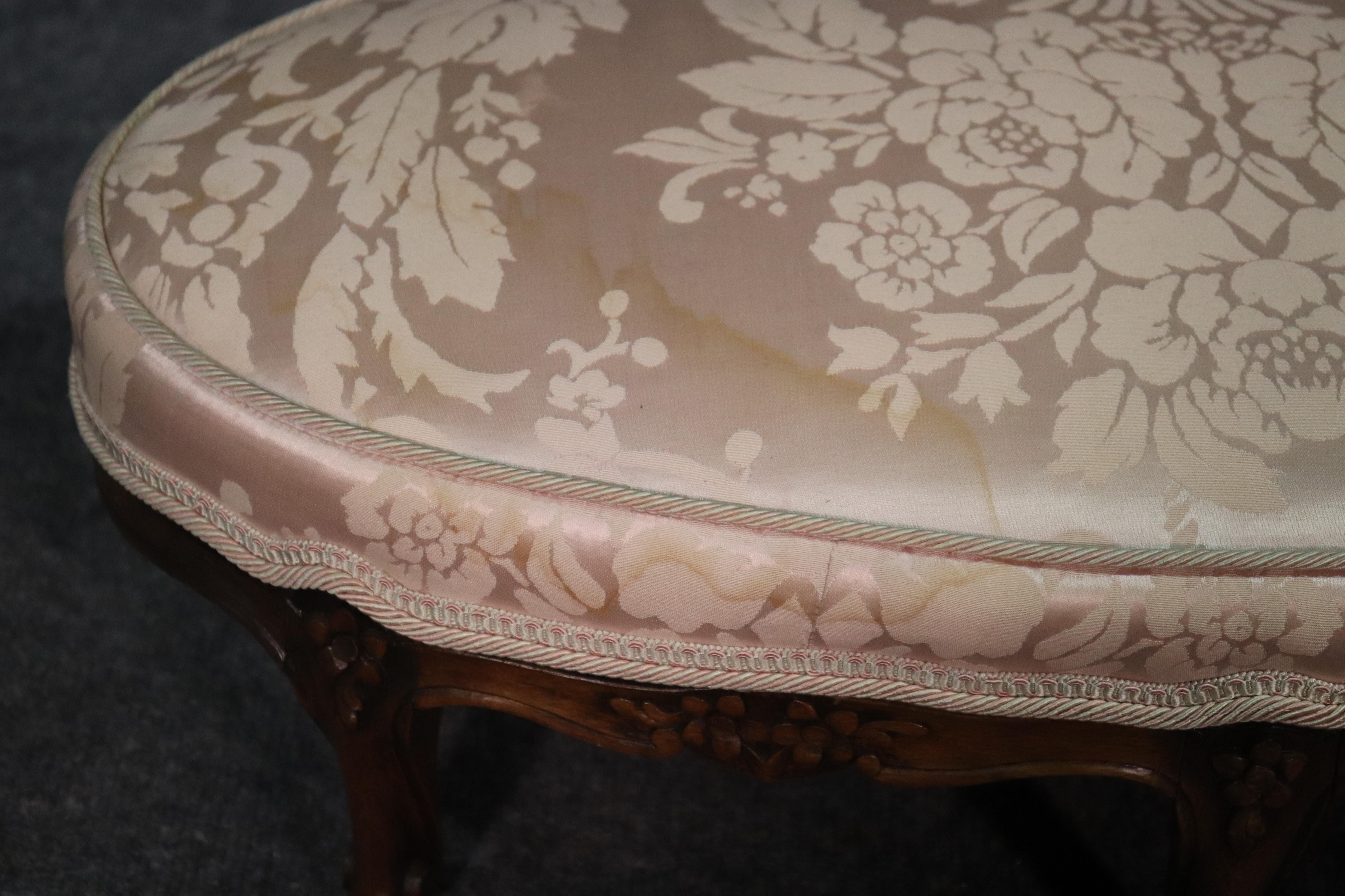 Petite Silk Upholstered French Louis XV 6 Legged Carved Walnut Ottoman Stool 5