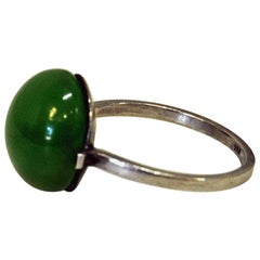 Petite Silver Ring with Pearl Round Green Stone 1950s, Sweden