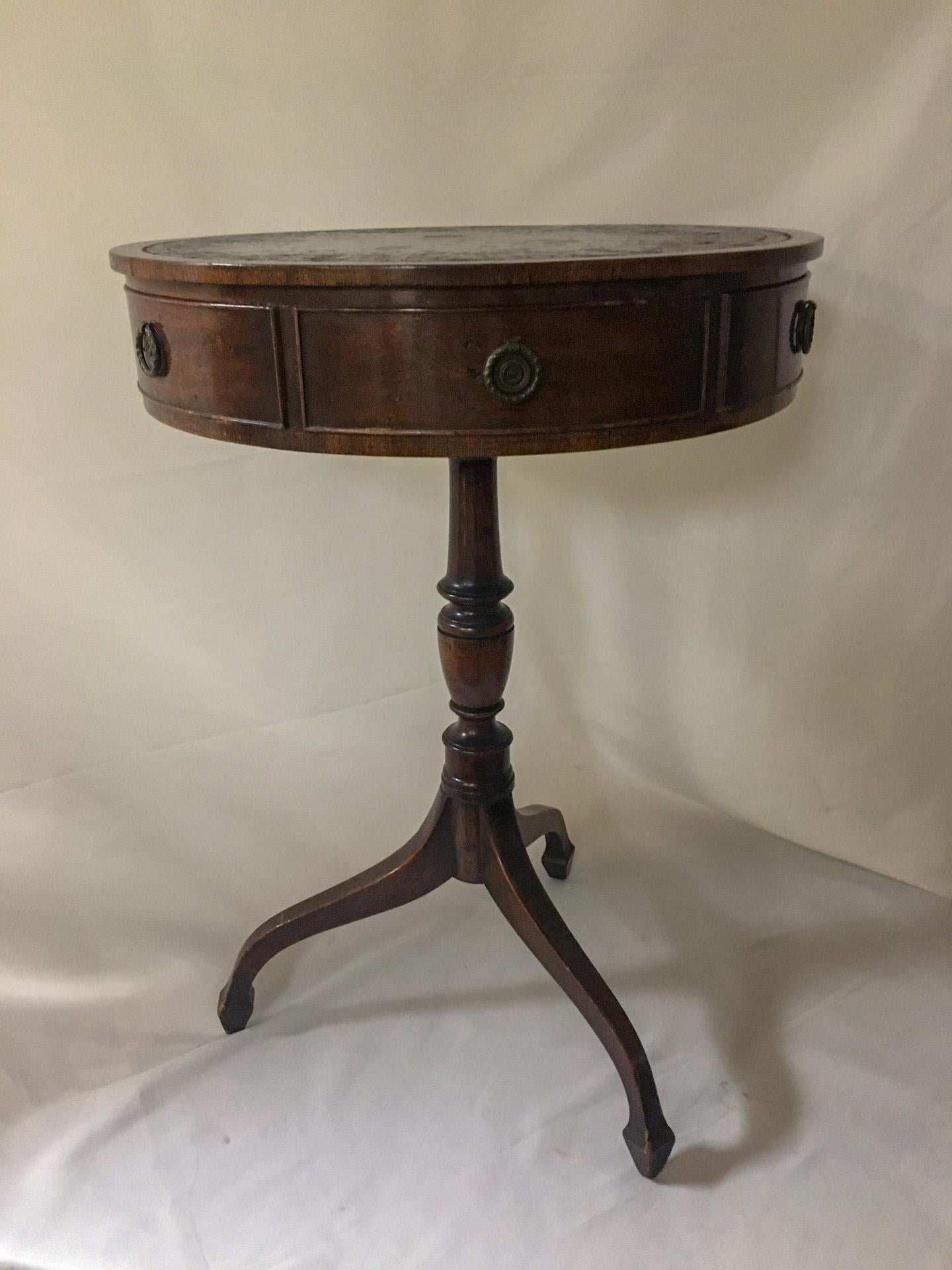 American Petite Size Revolving Mahogany Drum or Rent Table w/ Faux and Working Drawers