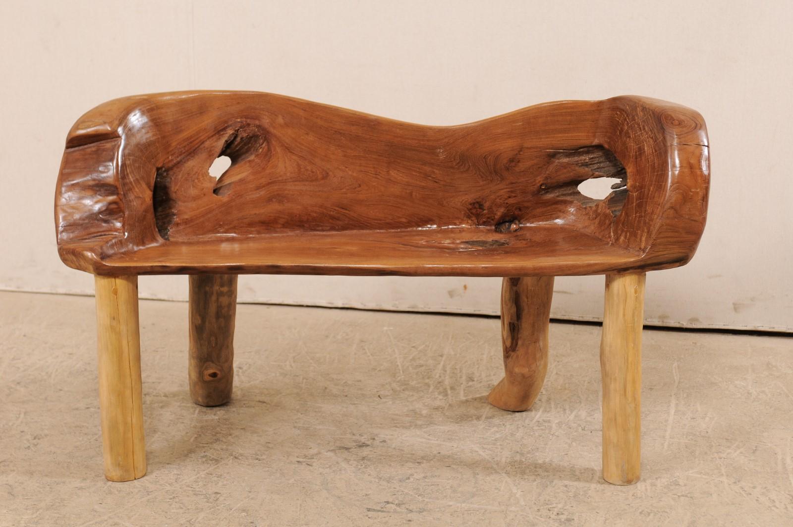 Rustic Petite Sized Natural Teak Wood Bench with Live Edge