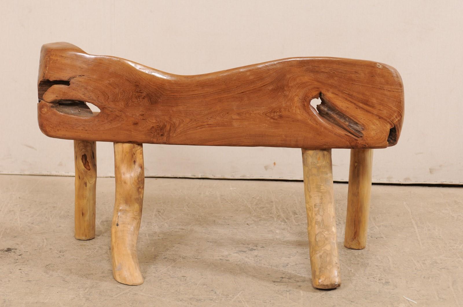 Carved Petite Sized Natural Teak Wood Bench with Live Edge