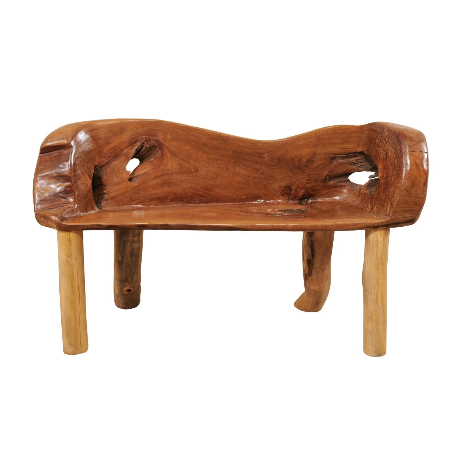 Petite Sized Natural Teak Wood Bench with Live Edge