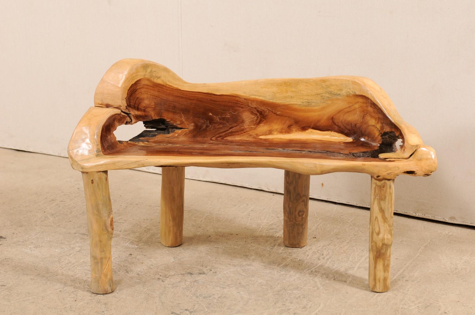 A natural teak wood bench with live edges. This cute little bench, just under 3.5 feet in length, has been created from the root and limbs of Indonesian teak wood, which has been smoothed and polished. Teak is a tropical hardwood which is