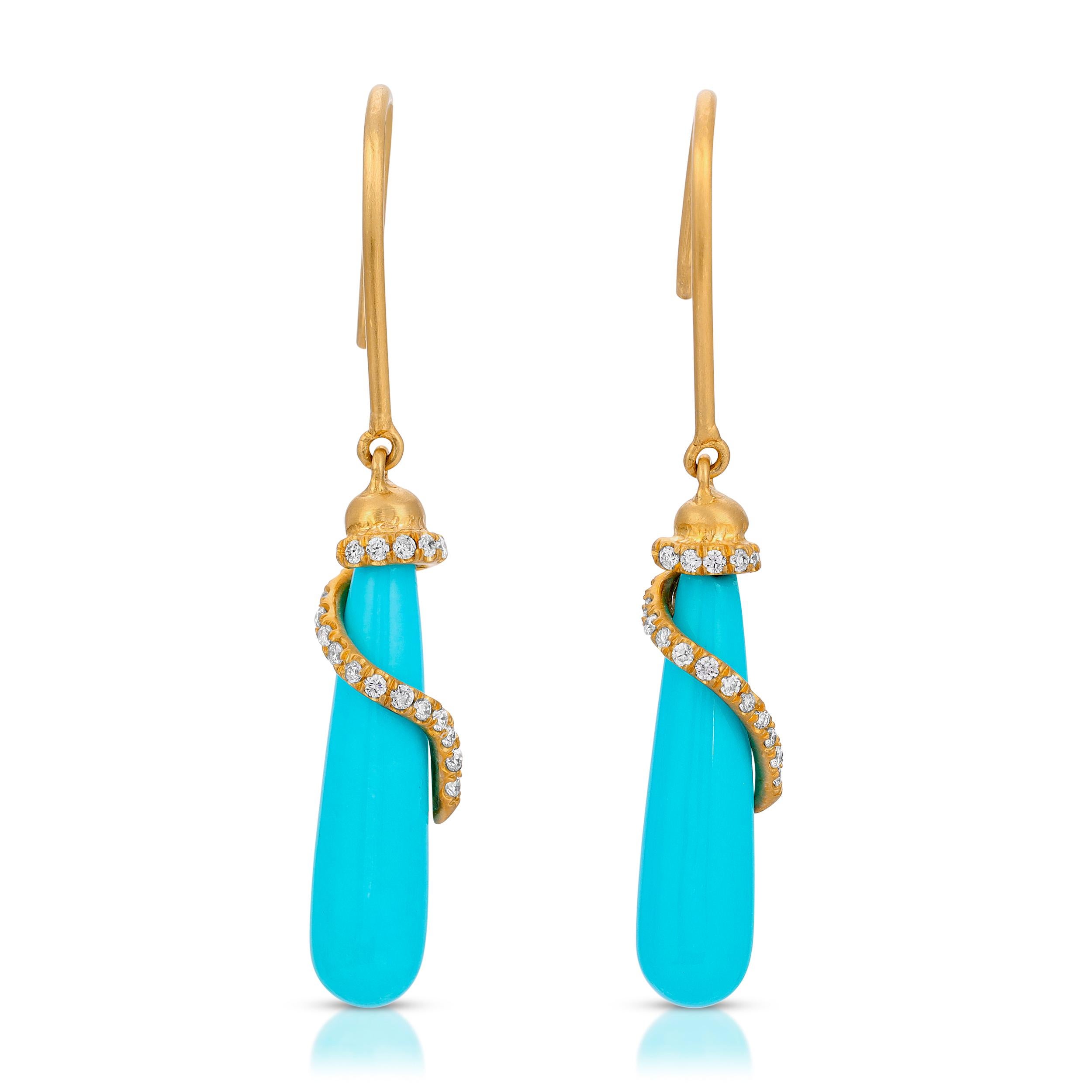 Sleeping Beauty Turquoise Drops with .18ct vs quality Diamond Pave with wire hook in 18k Matte Finish Yellow Gold. Handmade in Los Angeles.  All Diamonds are ethically sourced.. 