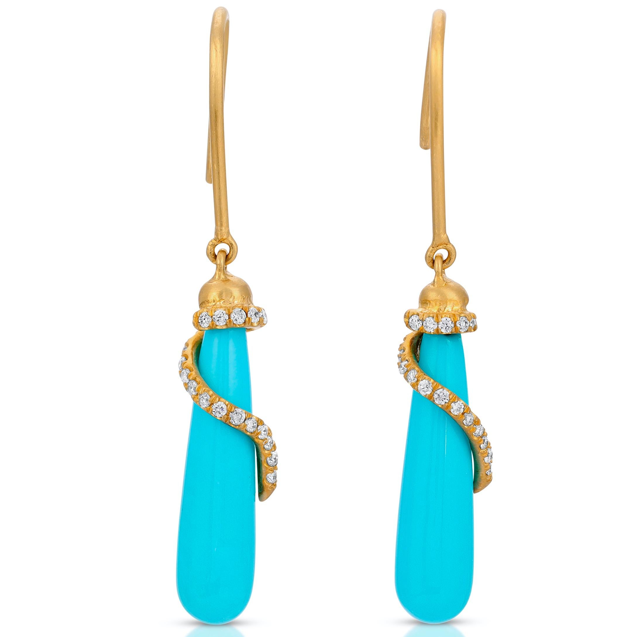 Modern Petite Sleeping Beauty Turquoise and Diamond Drop Earrings in 18k Yellow Gold For Sale