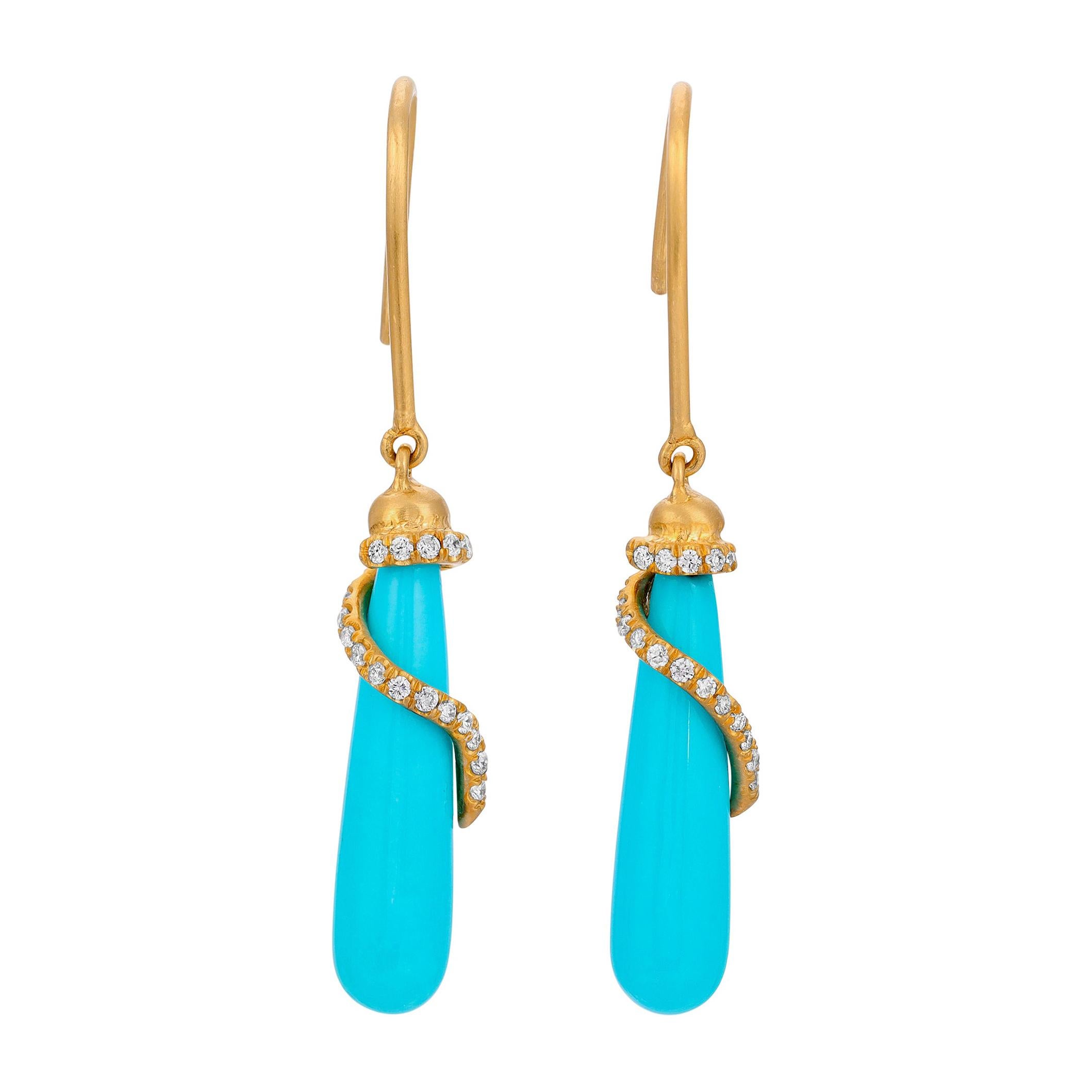 Petite Sleeping Beauty Turquoise and Diamond Drop Earrings in 18k Yellow Gold For Sale