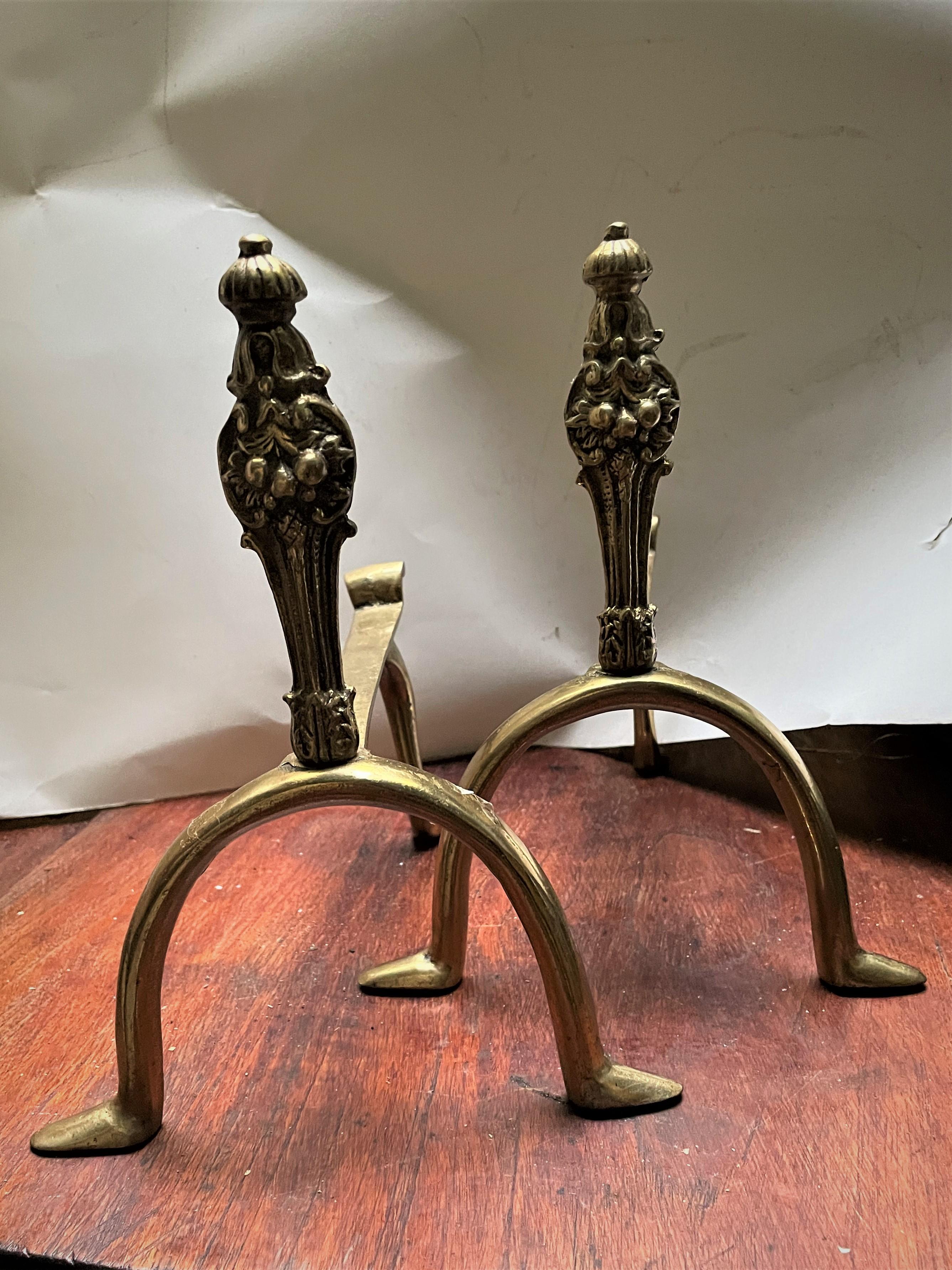 Renaissance Revival Petite Small French Style Brass Andirons Fire Dogs w/ Bell Flower & Fruit  For Sale