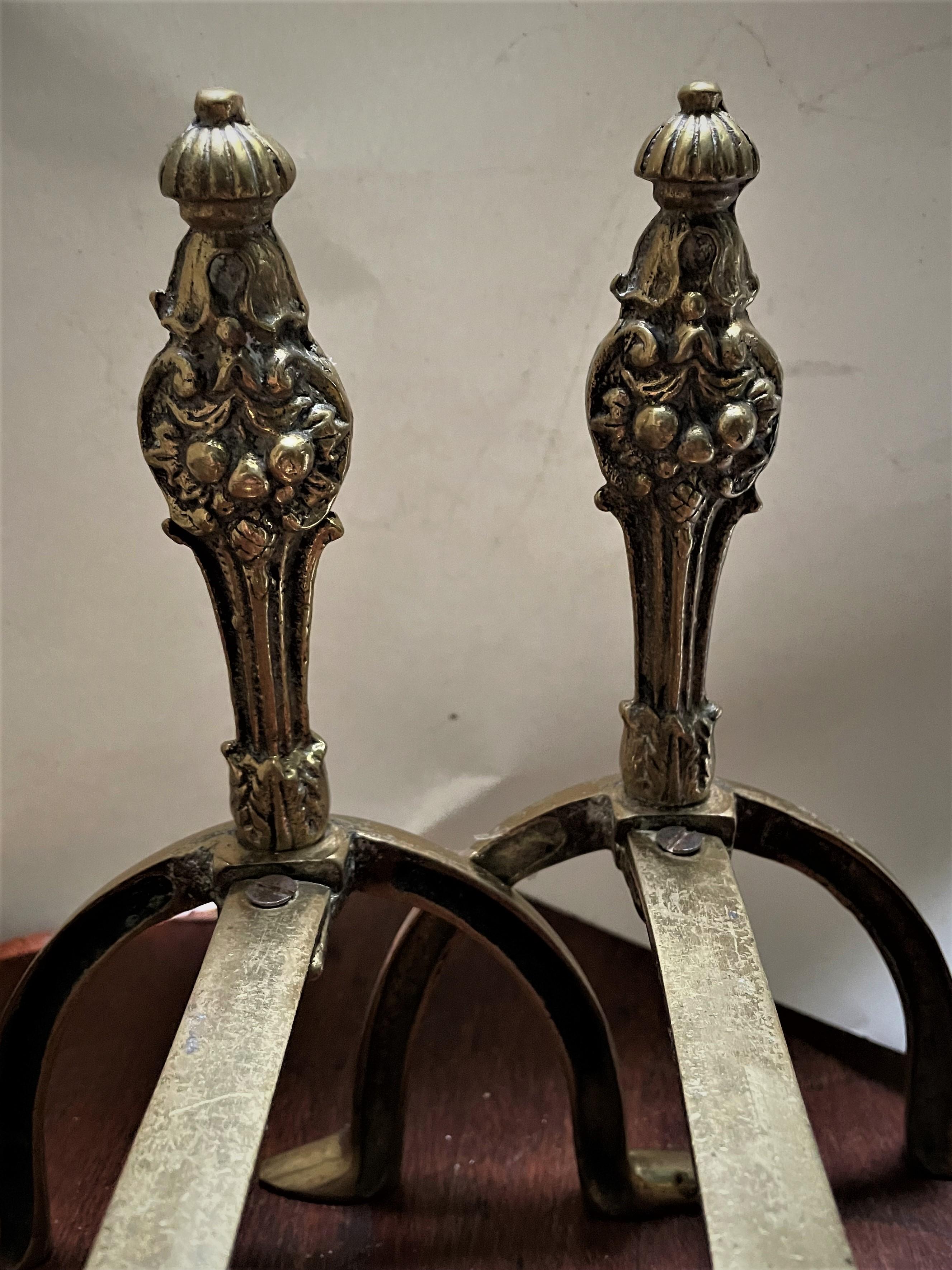 Unknown Petite Small French Style Brass Andirons Fire Dogs w/ Bell Flower & Fruit  For Sale