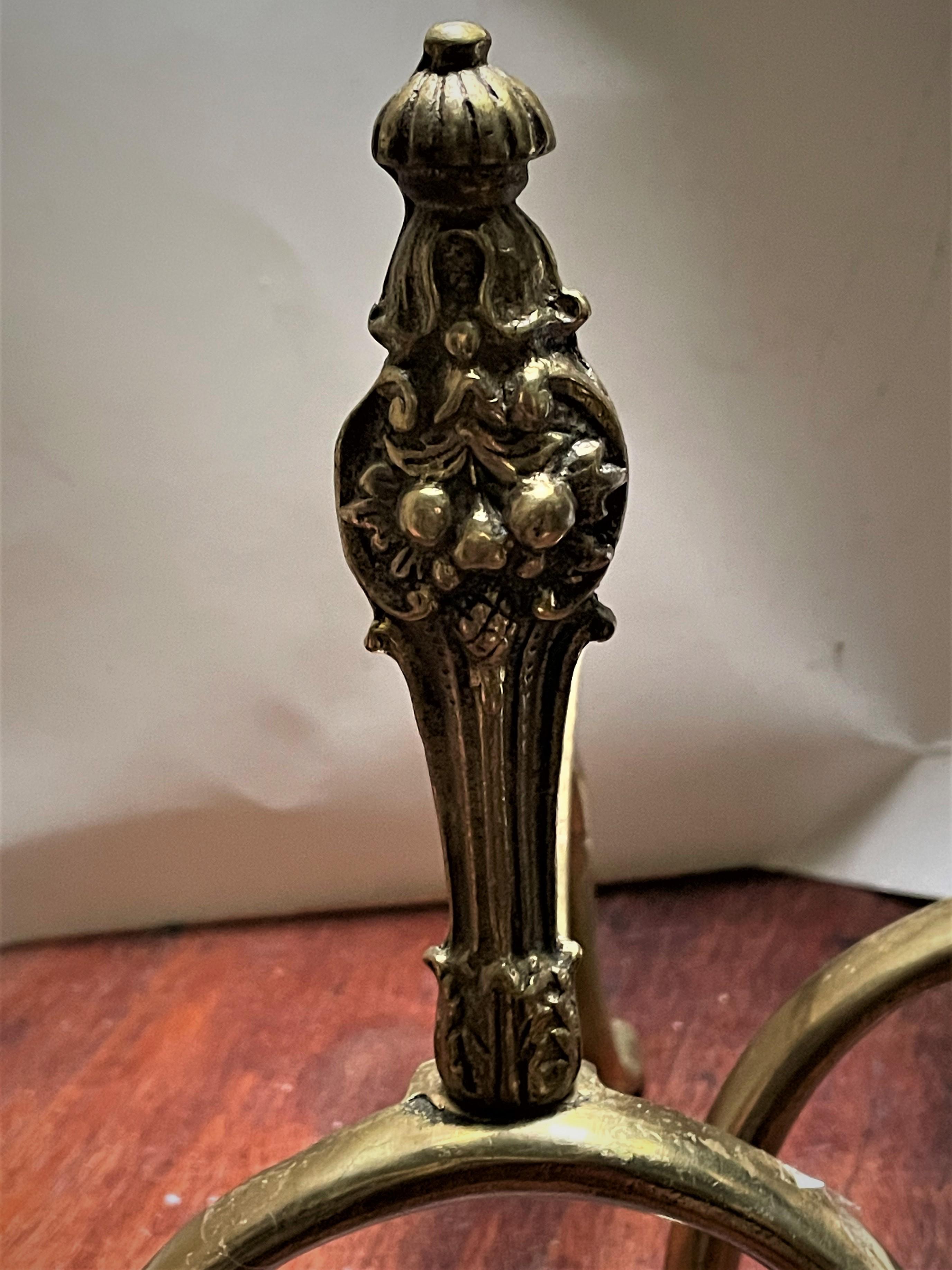 Cast Petite Small French Style Brass Andirons Fire Dogs w/ Bell Flower & Fruit  For Sale