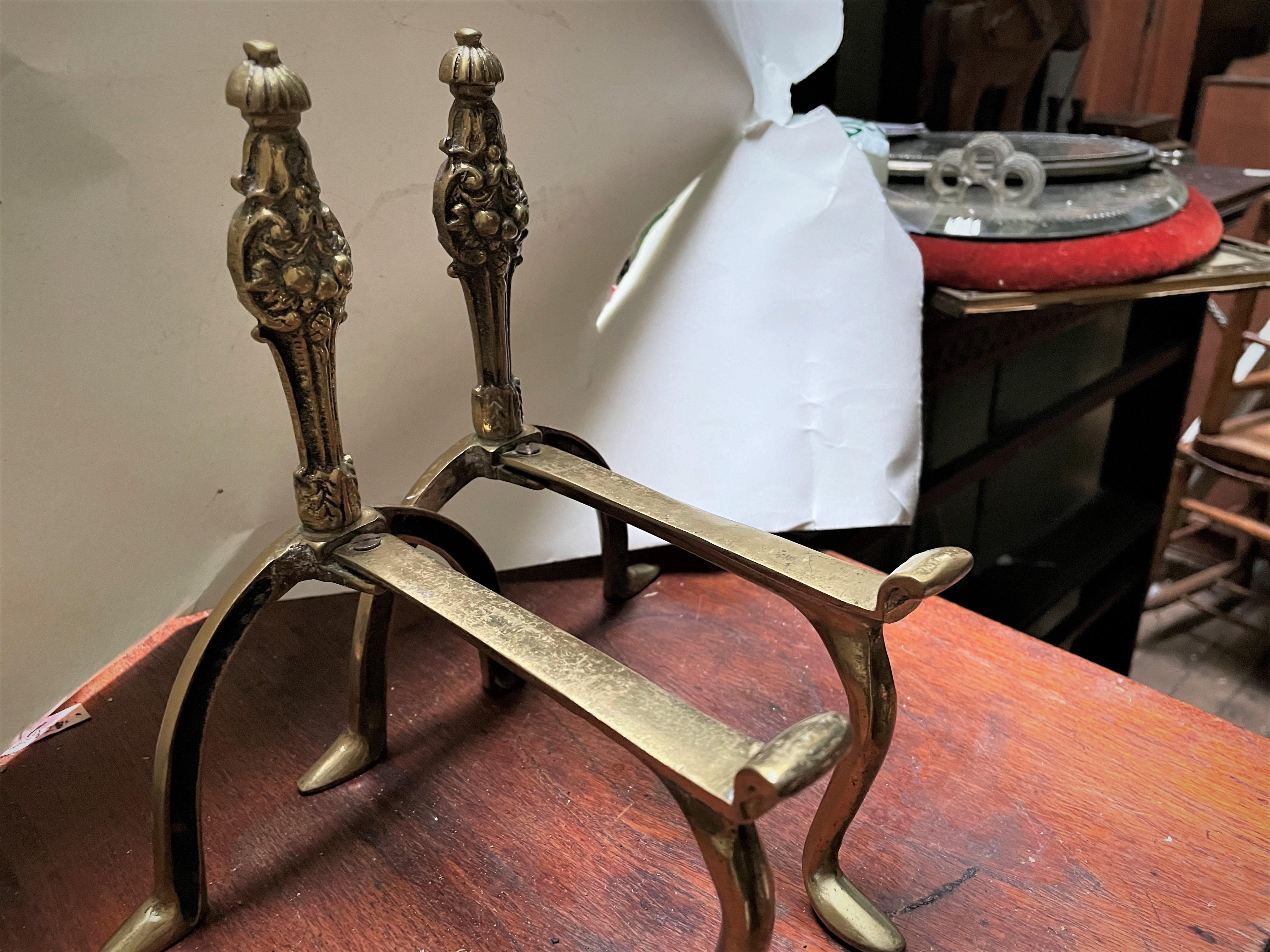 Petite Small French Style Brass Andirons Fire Dogs w/ Bell Flower & Fruit  In Good Condition For Sale In Clifton Forge, VA