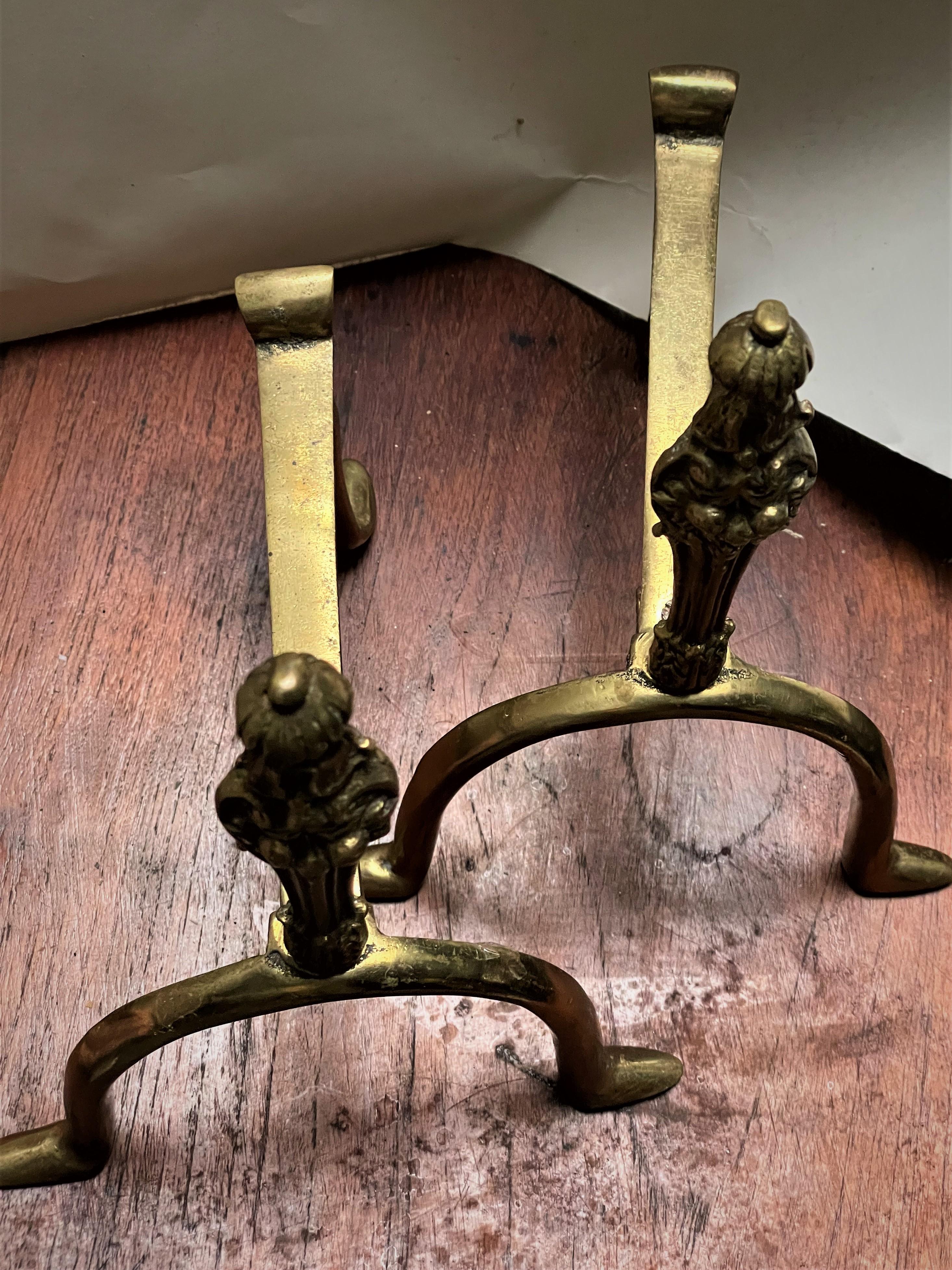 20th Century Petite Small French Style Brass Andirons Fire Dogs w/ Bell Flower & Fruit  For Sale