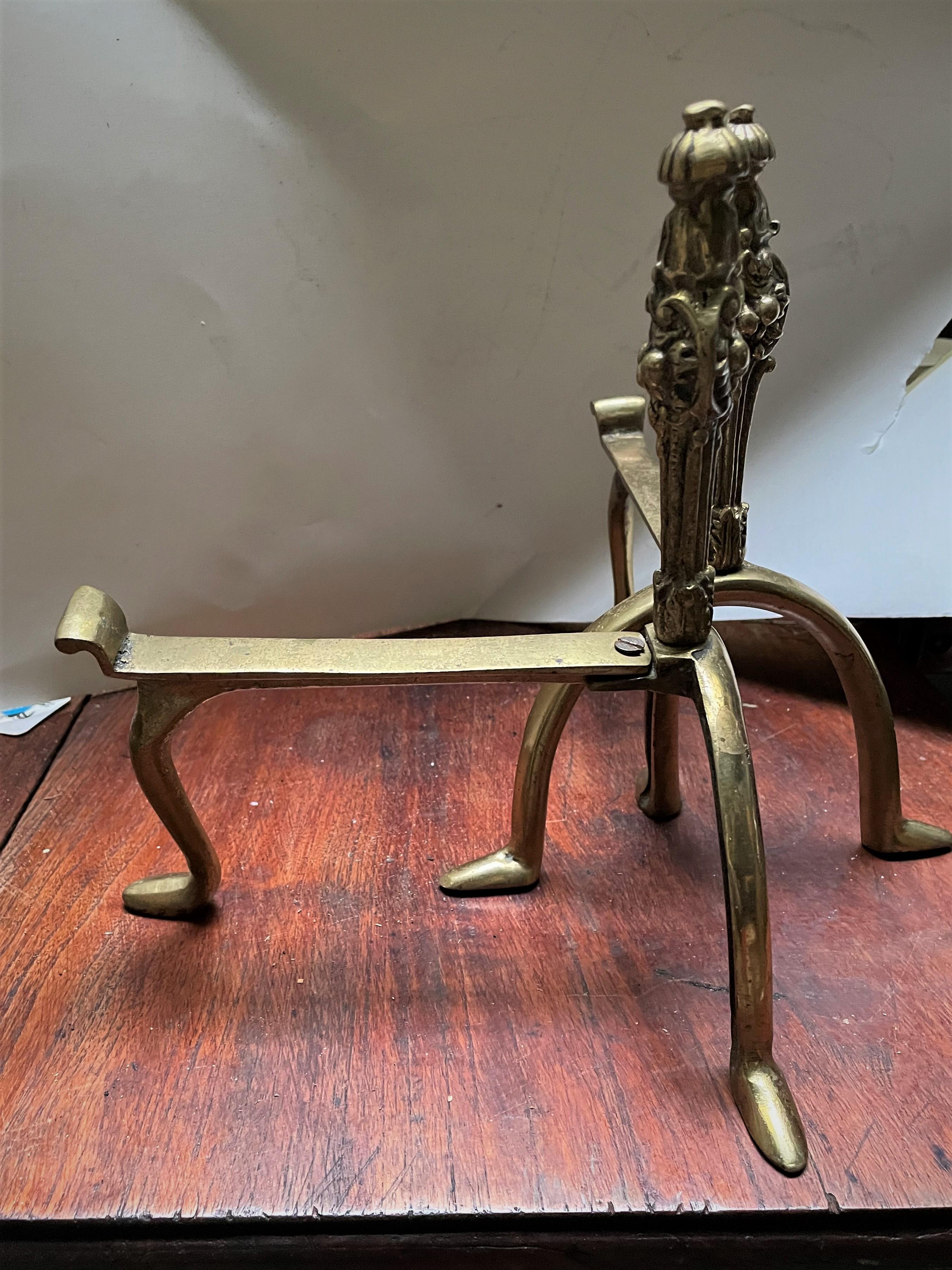 Petite Small French Style Brass Andirons Fire Dogs w/ Bell Flower & Fruit  For Sale 2
