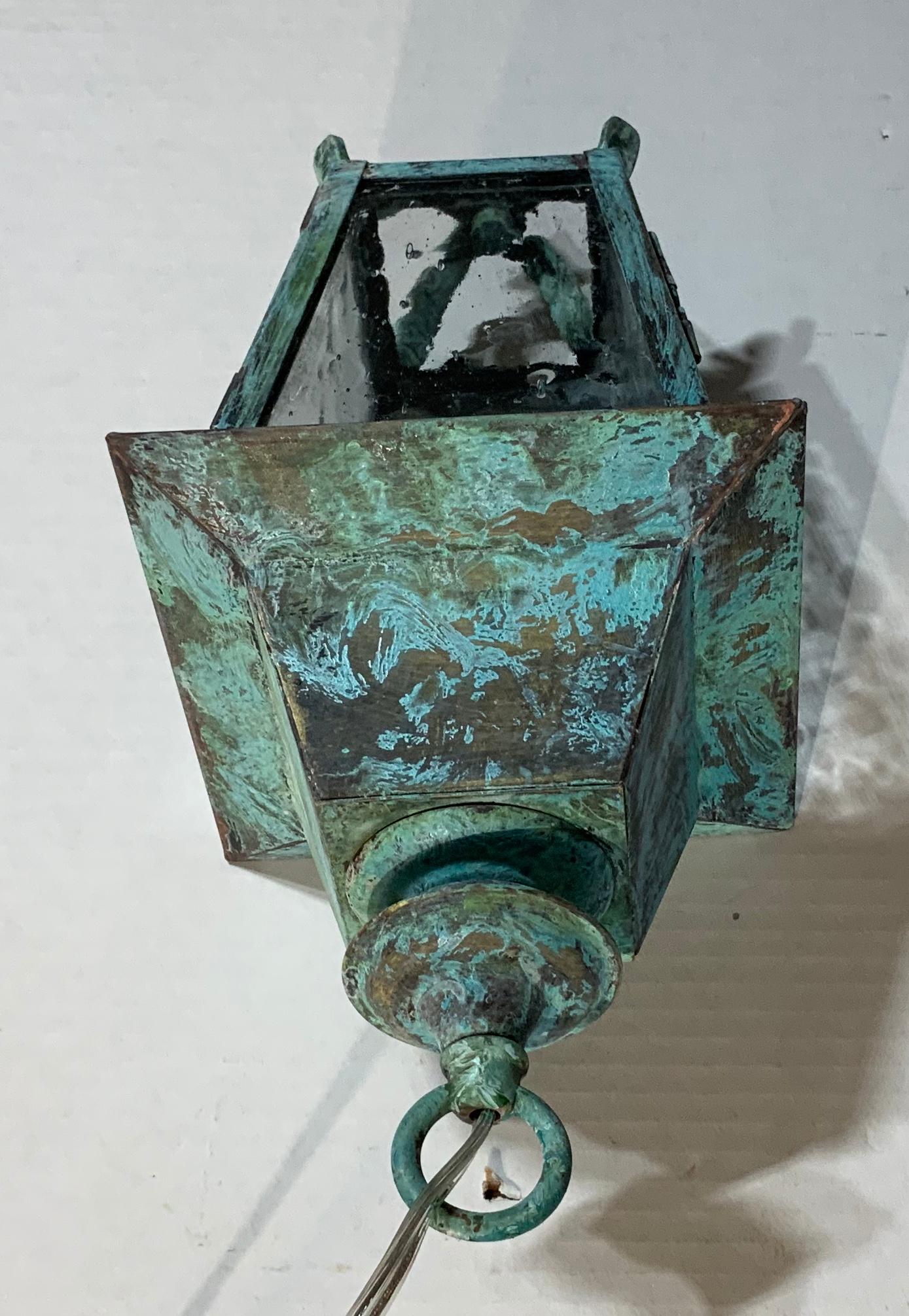 Petite Solid Four Sides Brass Hanging Lantern In Good Condition In Delray Beach, FL