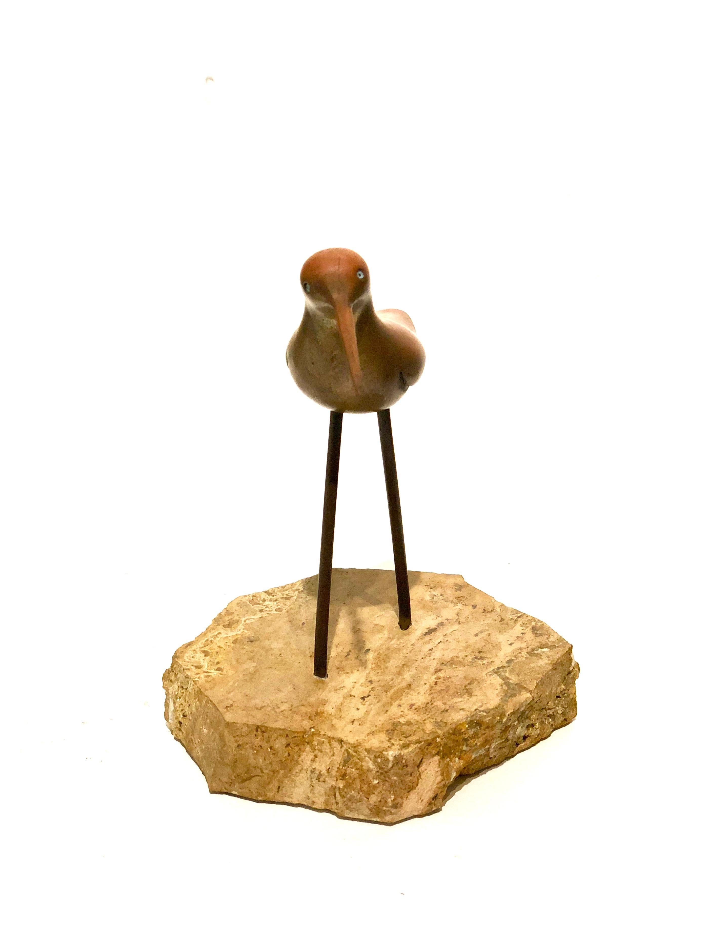 Mid-Century Modern Petite Solid Patinated Brass Bird Sculpture on Marble Base