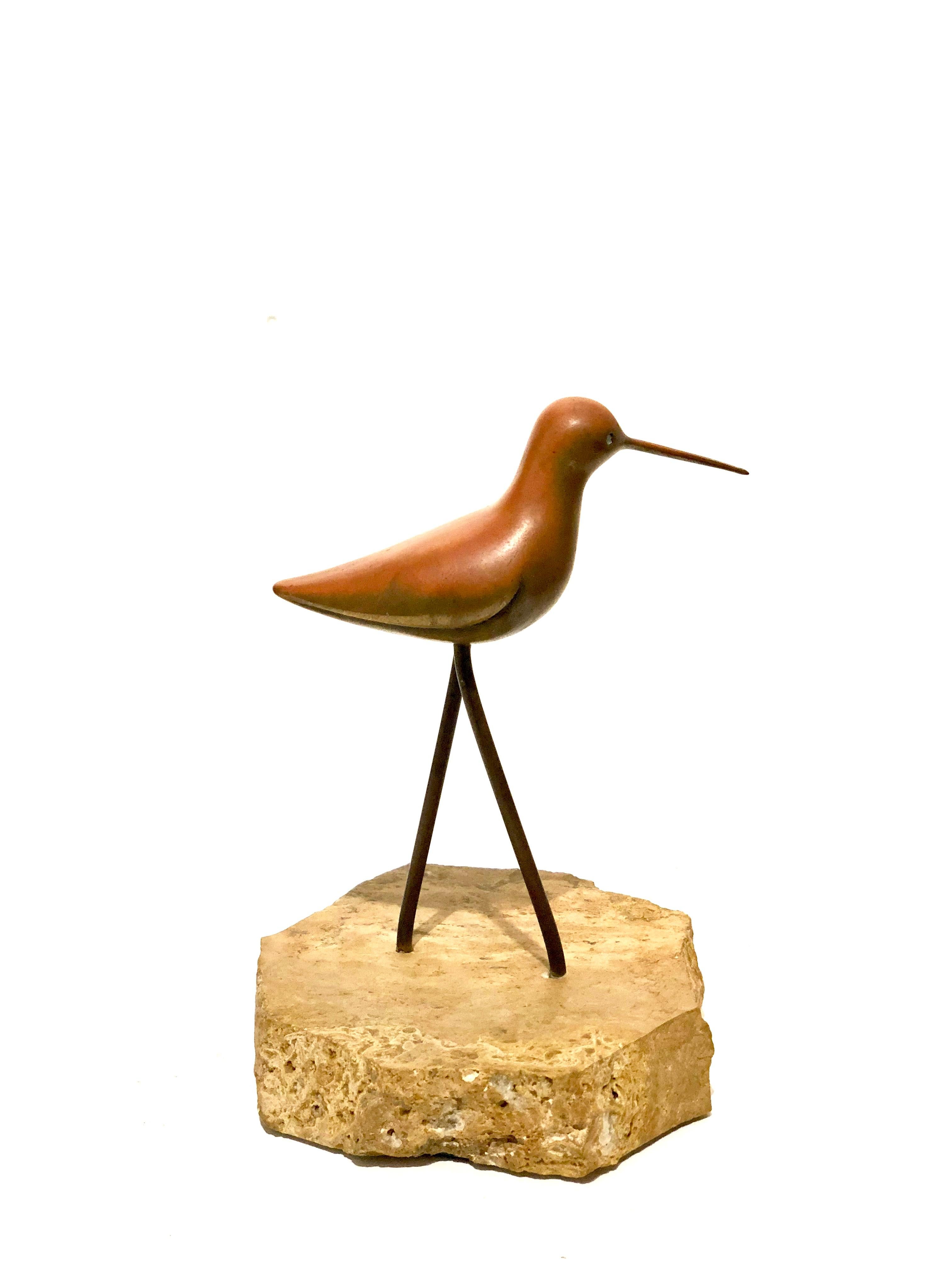 American Petite Solid Patinated Brass Bird Sculpture on Marble Base