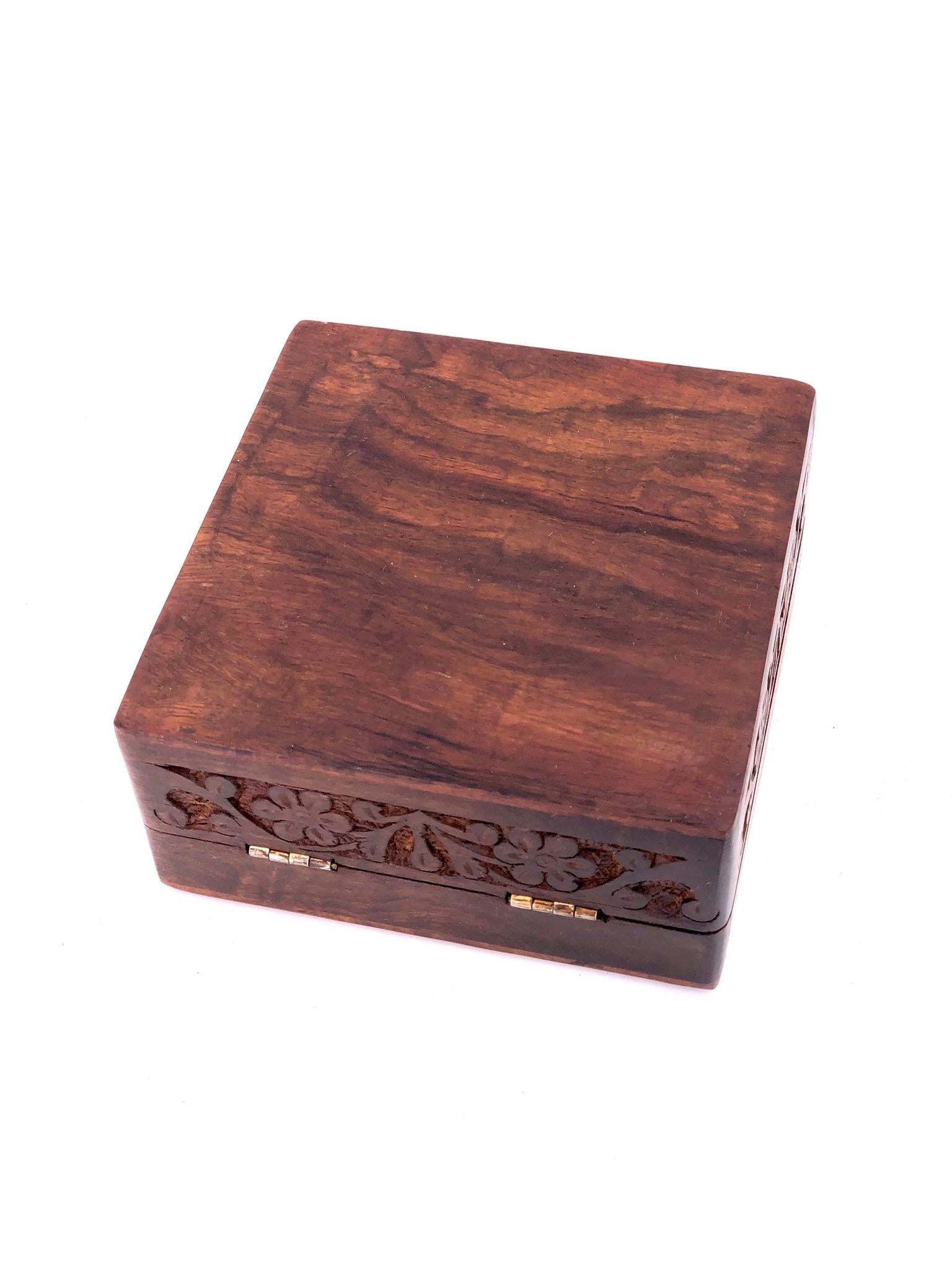 Petite Solid Rosewood Hand Carved Jewelry Box In Good Condition In San Diego, CA