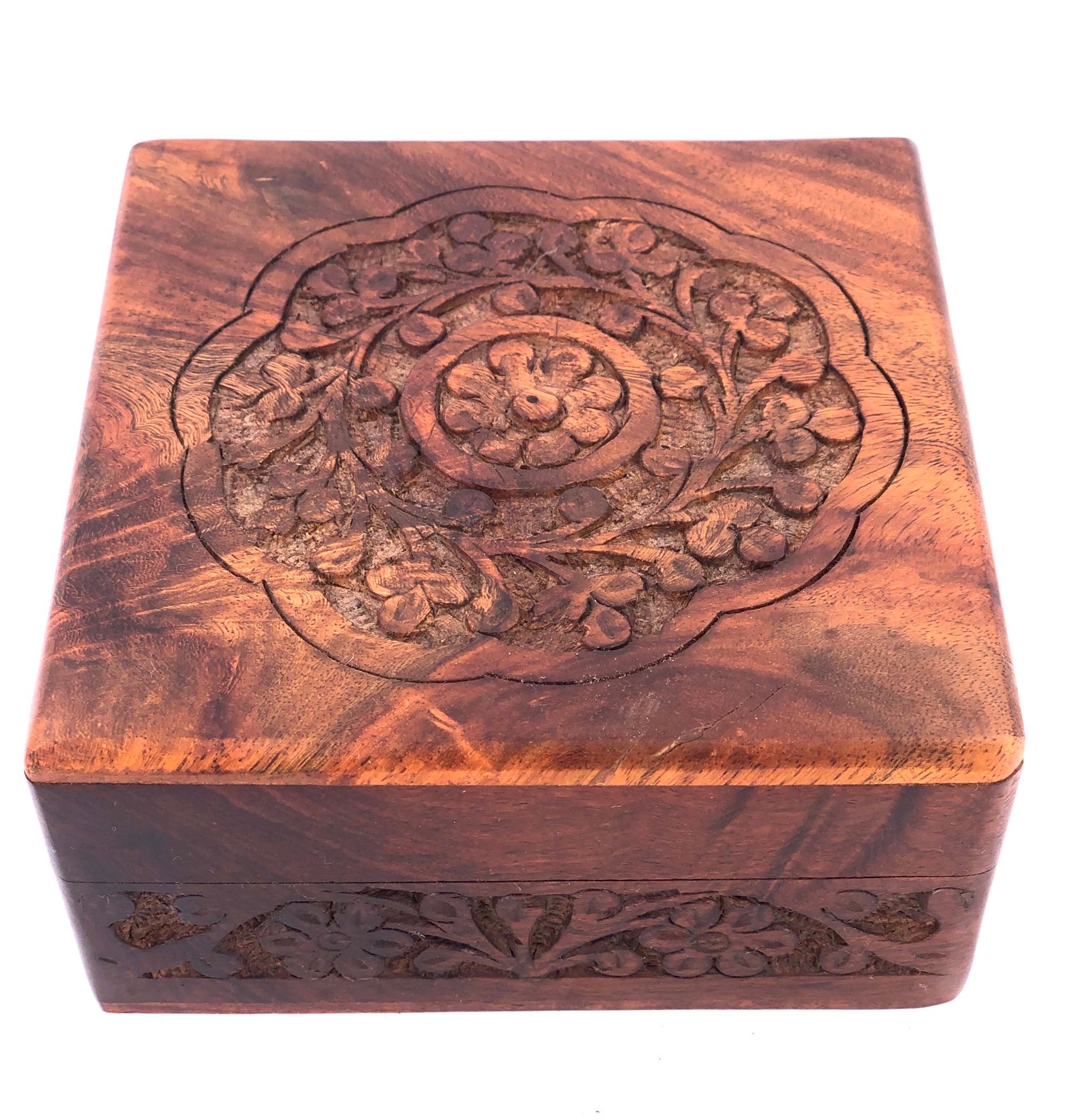 20th Century Petite Solid Rosewood Hand Carved Jewelry Box