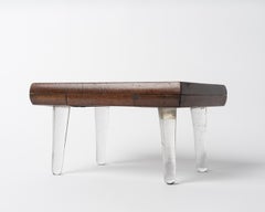 Vintage Petite Solid Walnut and Saint Gobain Glass Feet Bench, France 1930's
