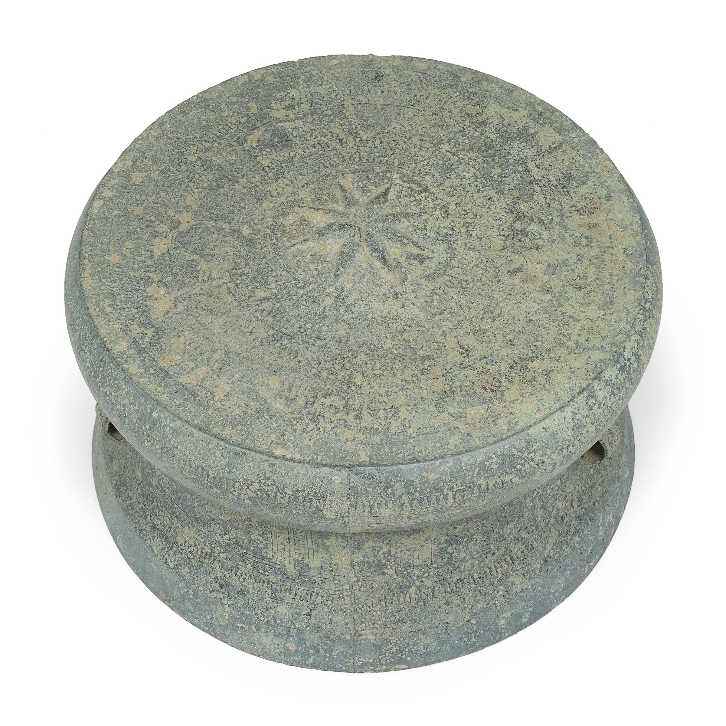 18th Century and Earlier Petite Southeast Asian Dong Son Bronze Ritual Drum with Oxen, c. 200 BC
