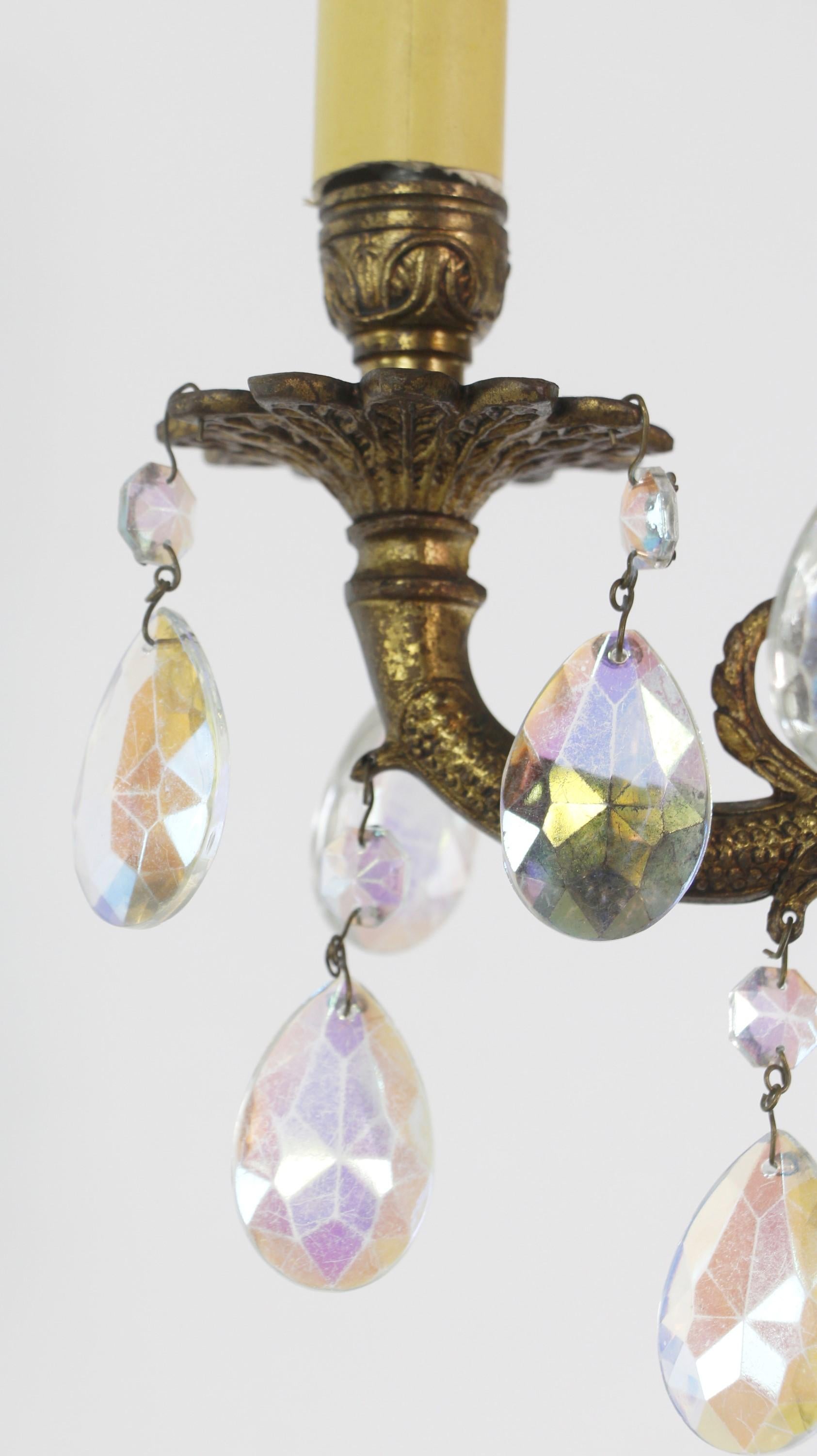 Petite Spanish Cast Bronze Iridescent Crystals Chandelier For Sale 6