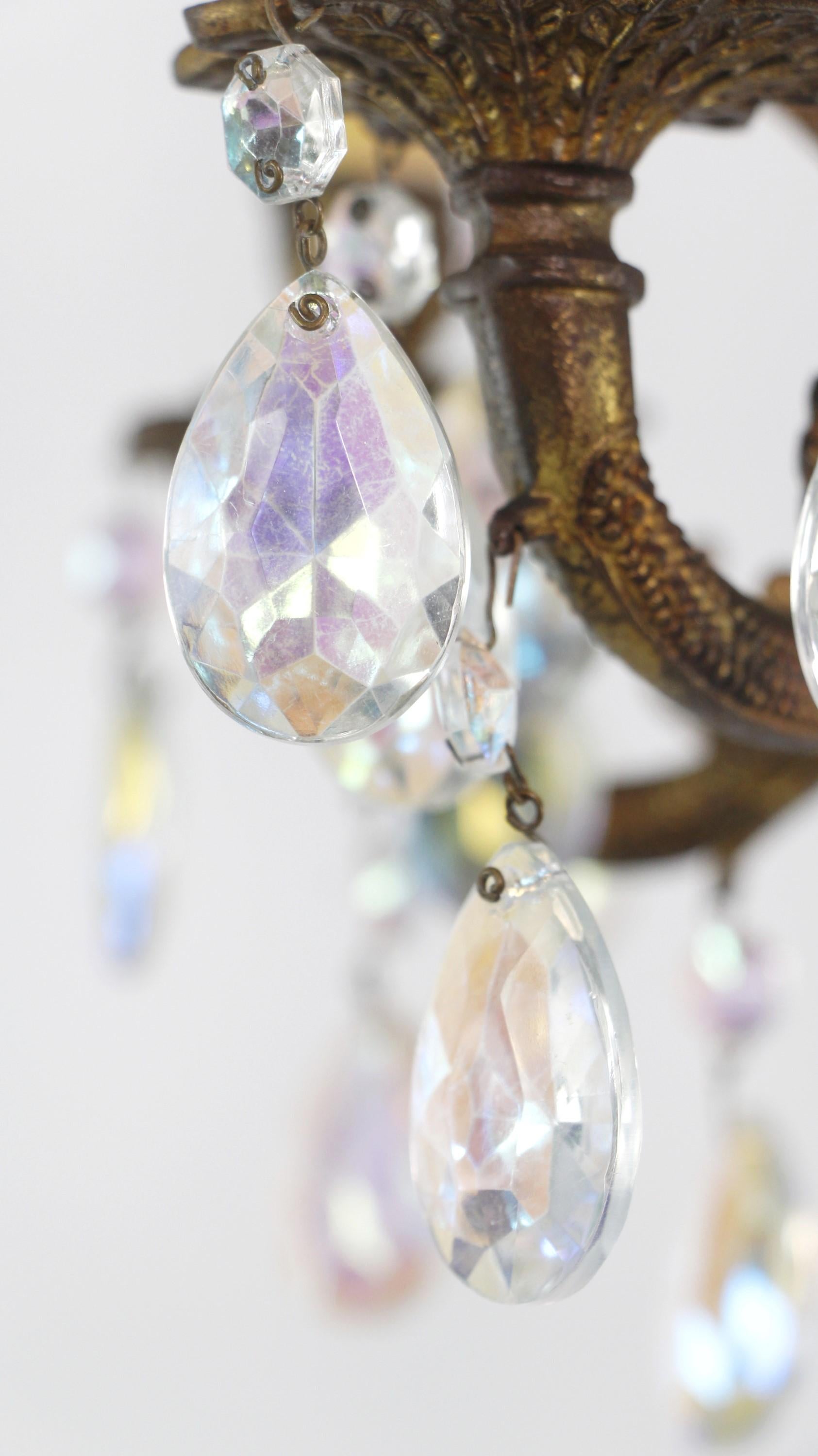 Petite Spanish Cast Bronze Iridescent Crystals Chandelier For Sale 7